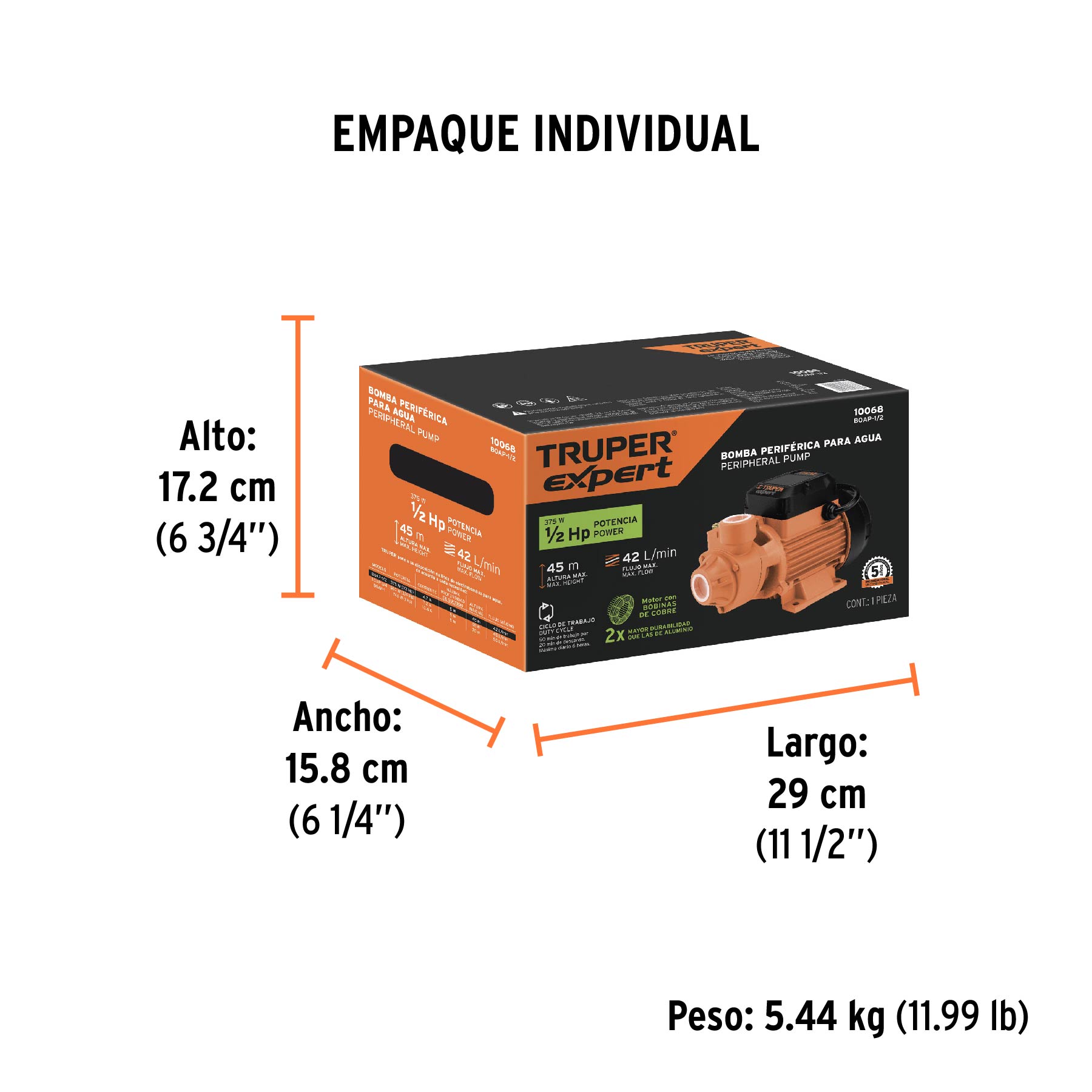 Bomba periférica 1/2HP, altura máx 45m, uso agrícola, EXPERT - Empaque