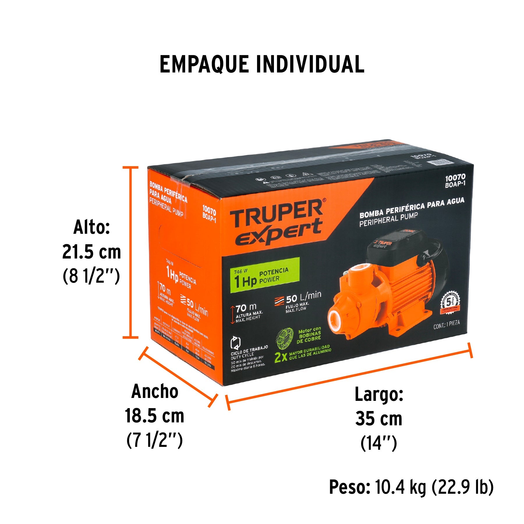 Bomba periférica 1HP, altura máx 70m, uso agrícola, EXPERT - Empaque