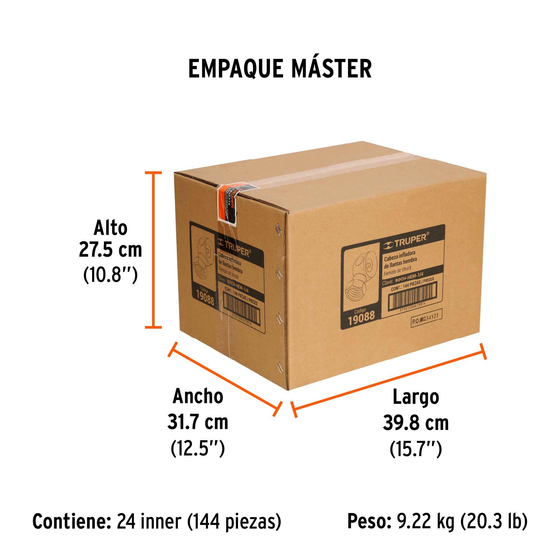 Cabeza infladora de llantas, conexión hembra 1/4" NPT,TRUPER - Empaque