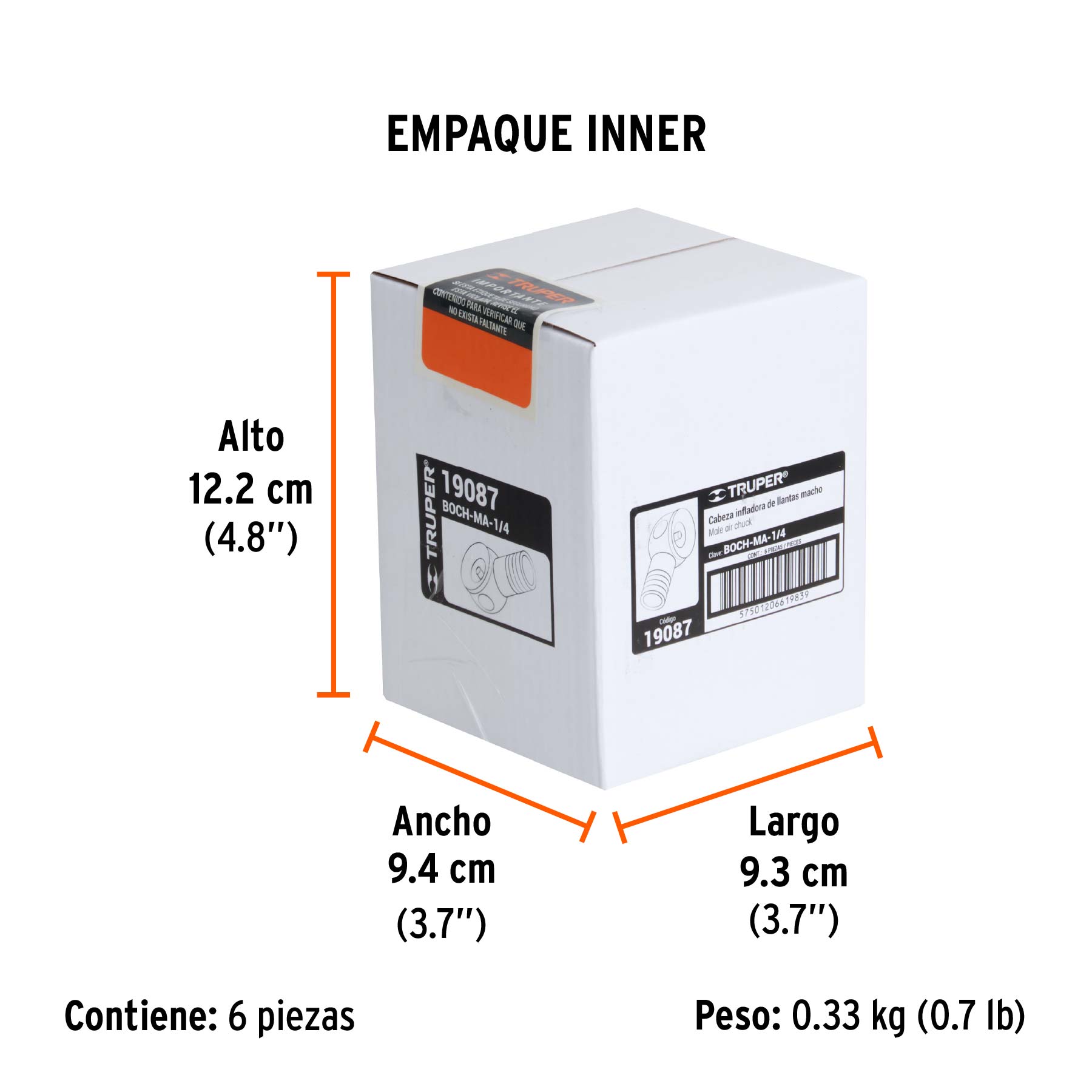 Cabeza infladora de llantas, macho, cuerda 1/4" NPT, TRUPER - Empaque