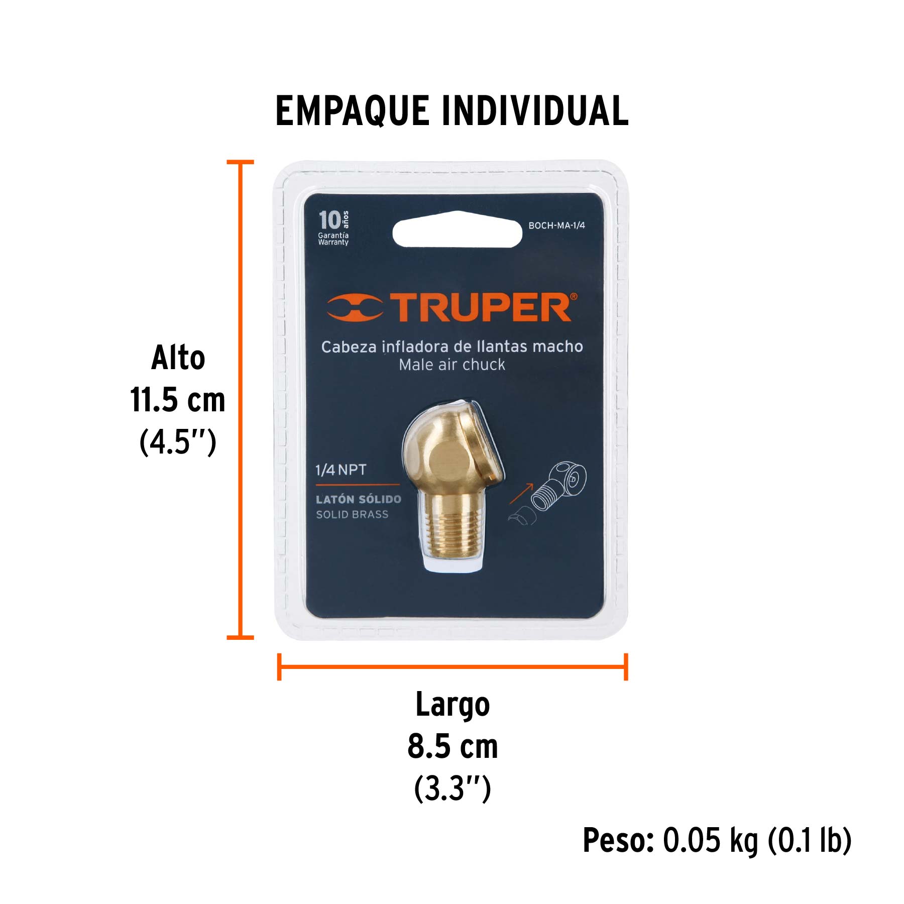 Cabeza infladora de llantas, macho, cuerda 1/4" NPT, TRUPER - Empaque
