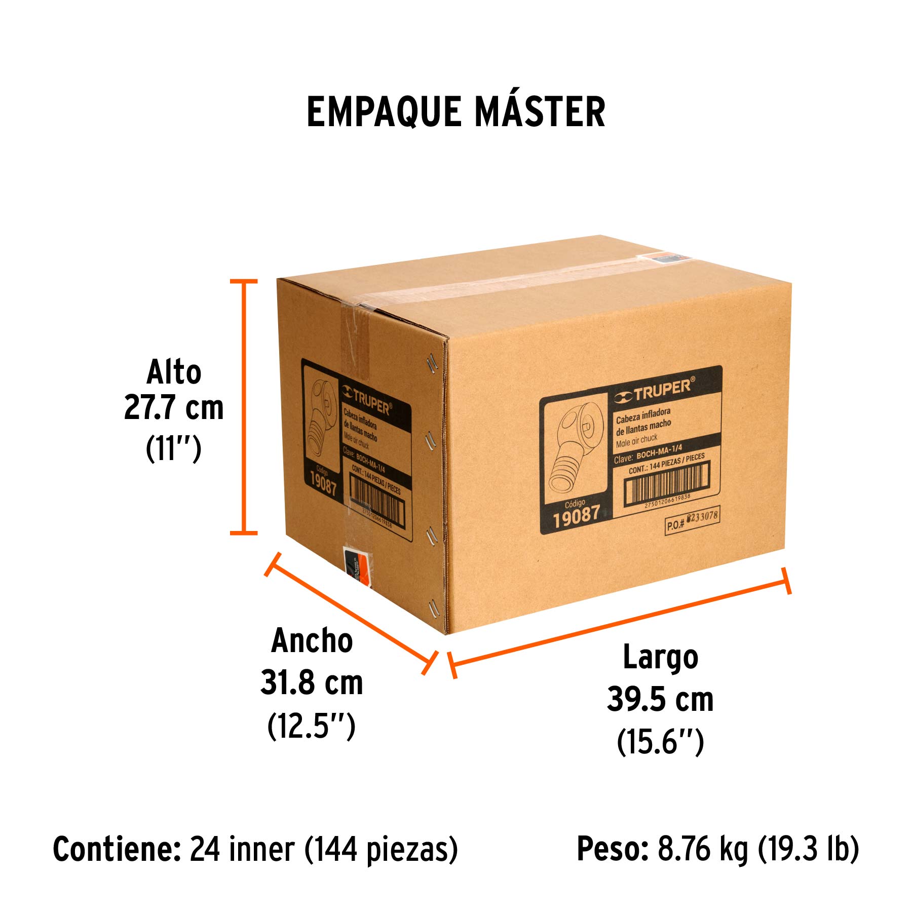 Cabeza infladora de llantas, macho, cuerda 1/4" NPT, TRUPER - Empaque