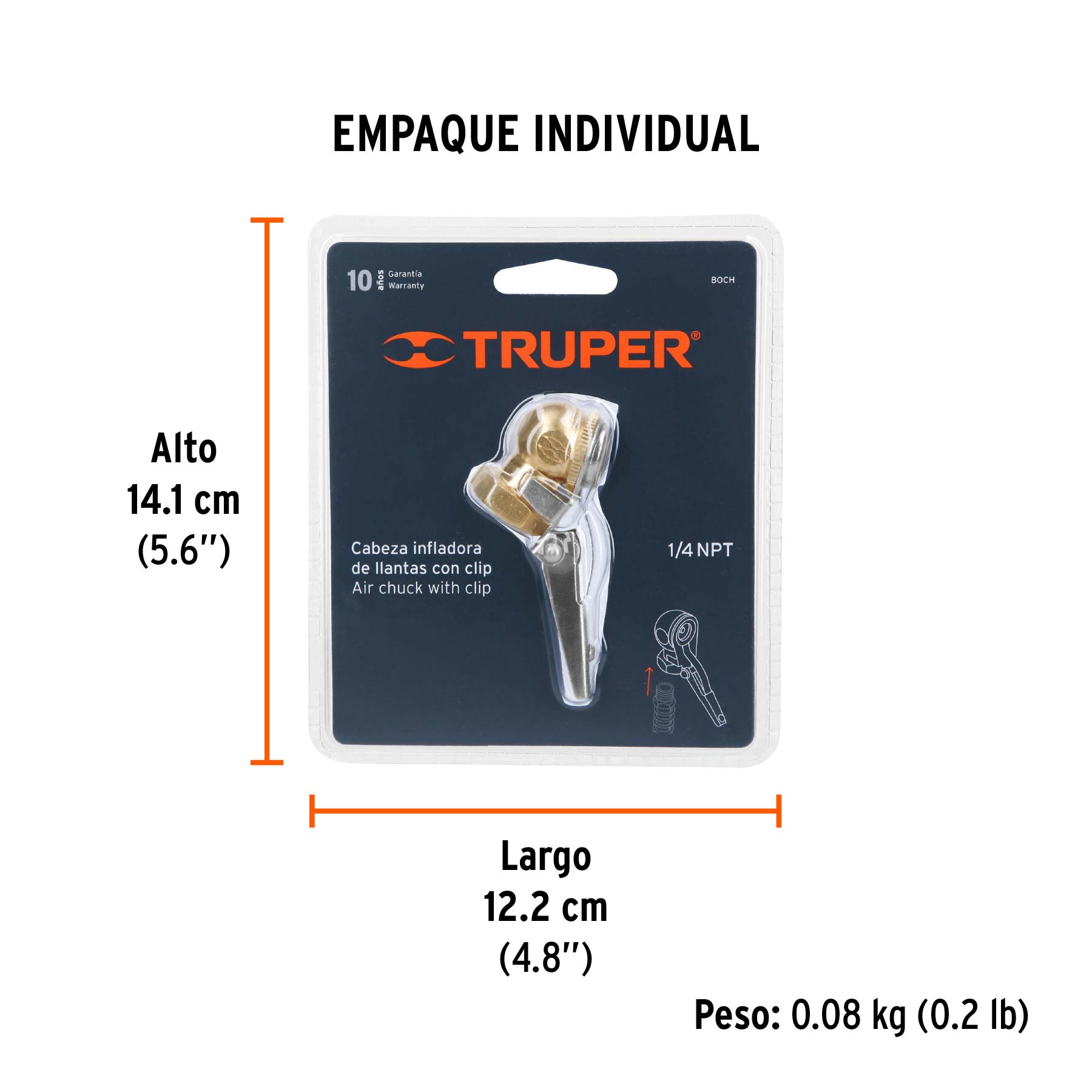 Cabeza infladora llantas con clip, hembra, 1/4" NPT, TRUPER - Empaque
