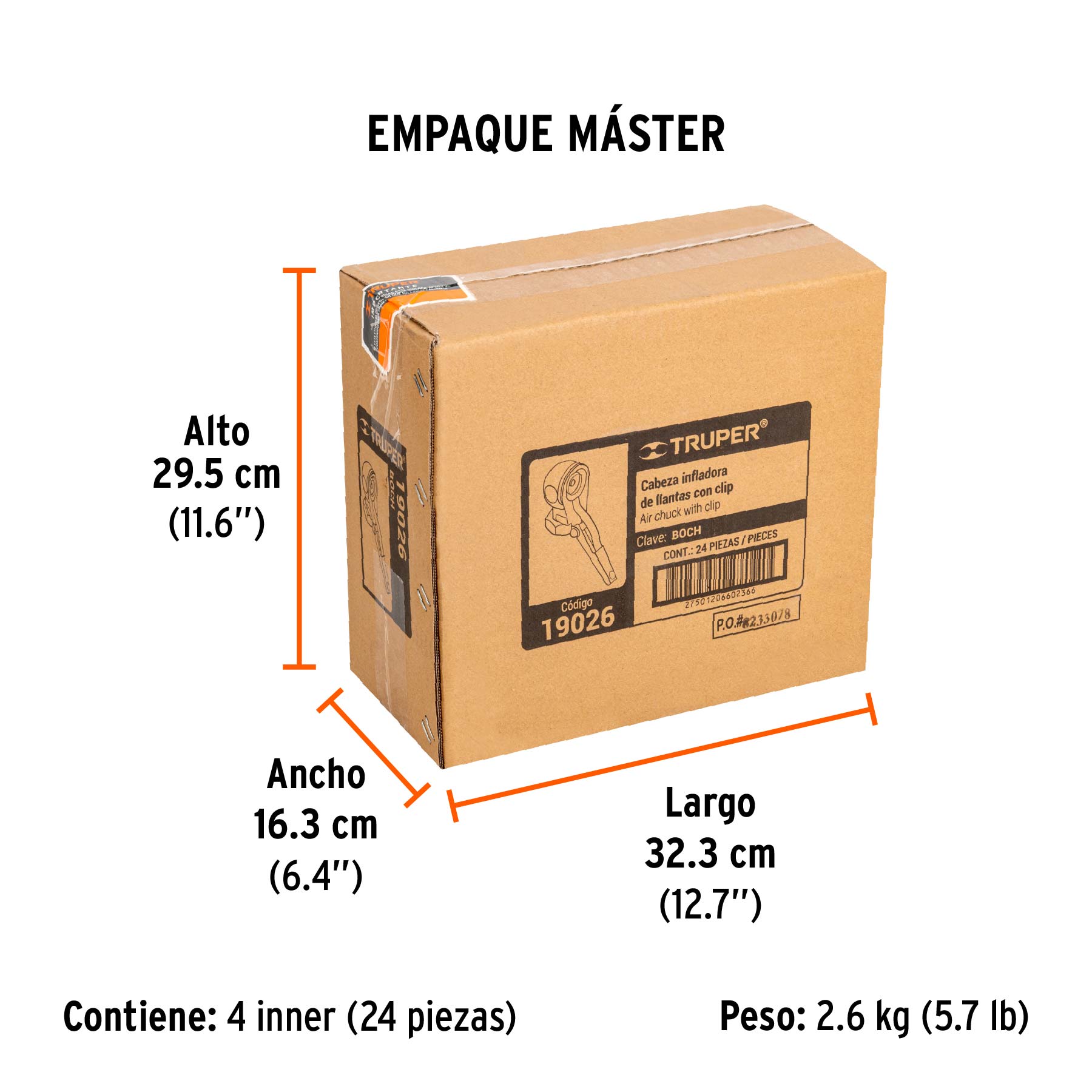 Cabeza infladora llantas con clip, hembra, 1/4" NPT, TRUPER - Empaque