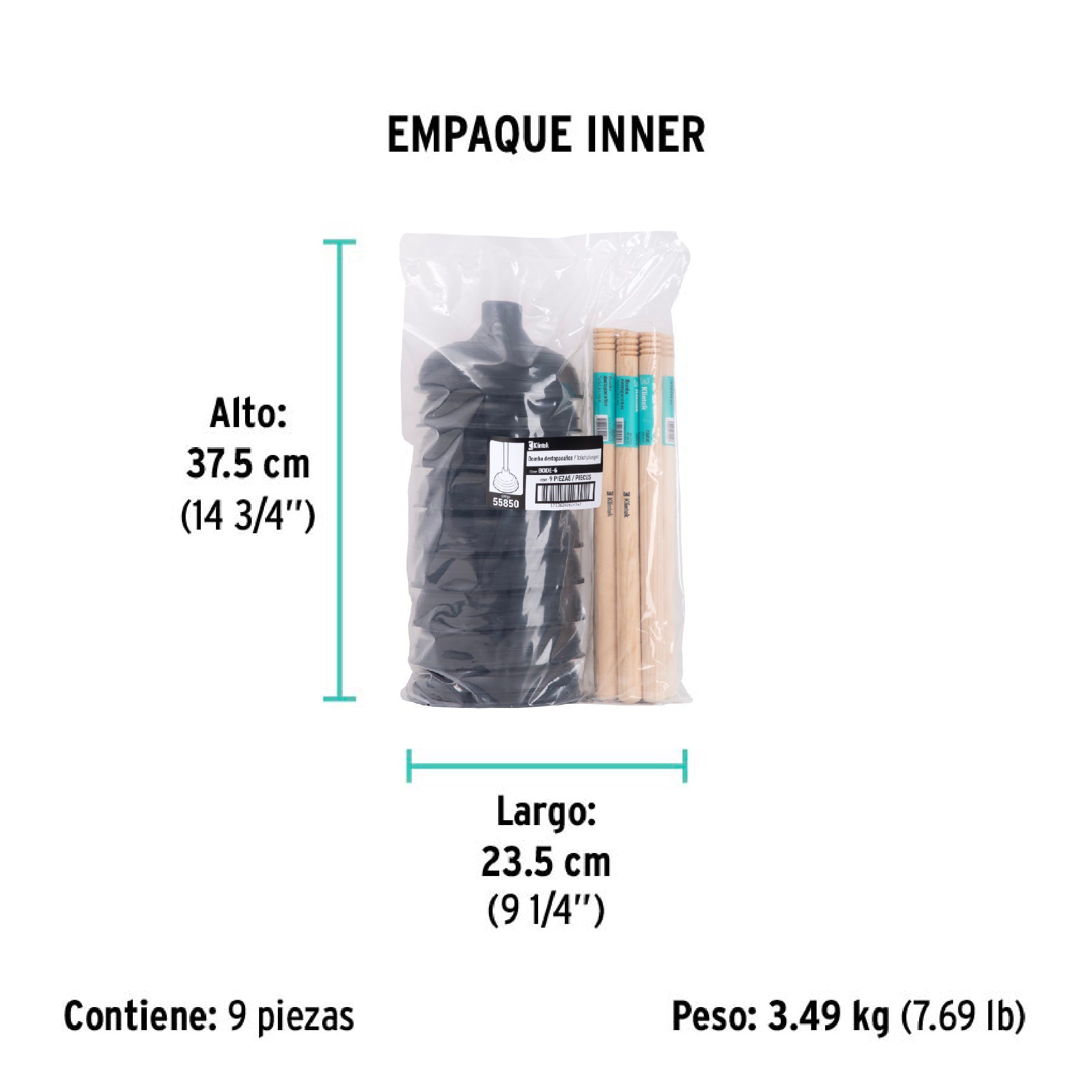 Bomba destapacaños de 15 cm, KLINTEK - Empaque
