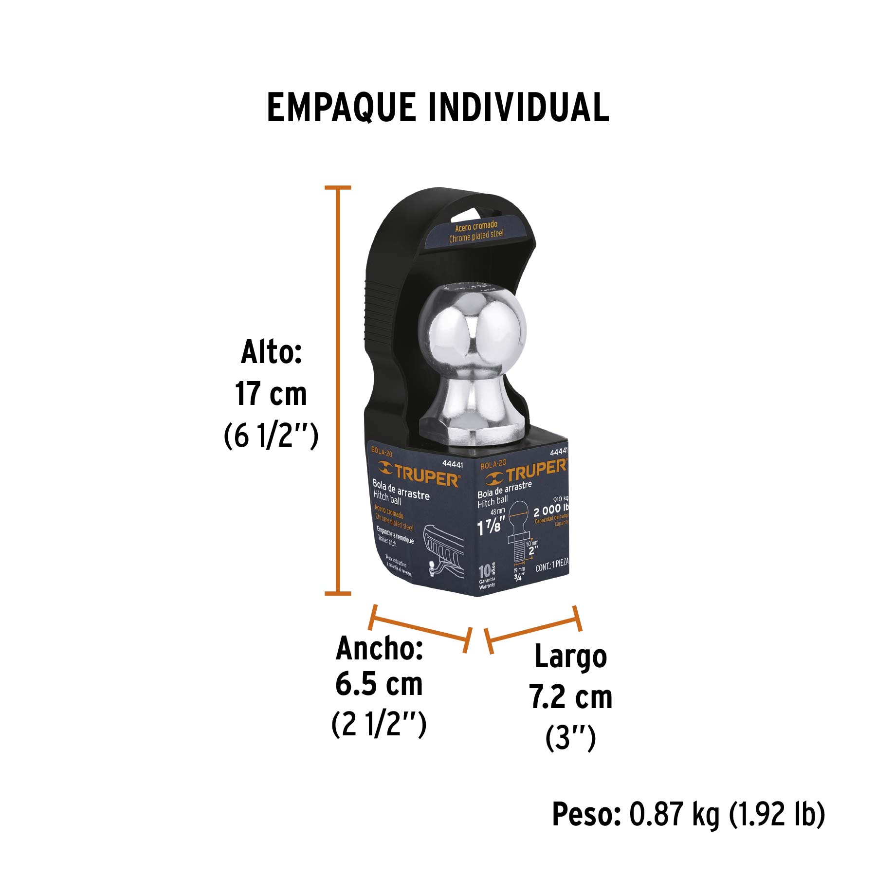 Bola de arrastre para remolque, 1-7/8", 2,000 lb, TRUPER - Empaque