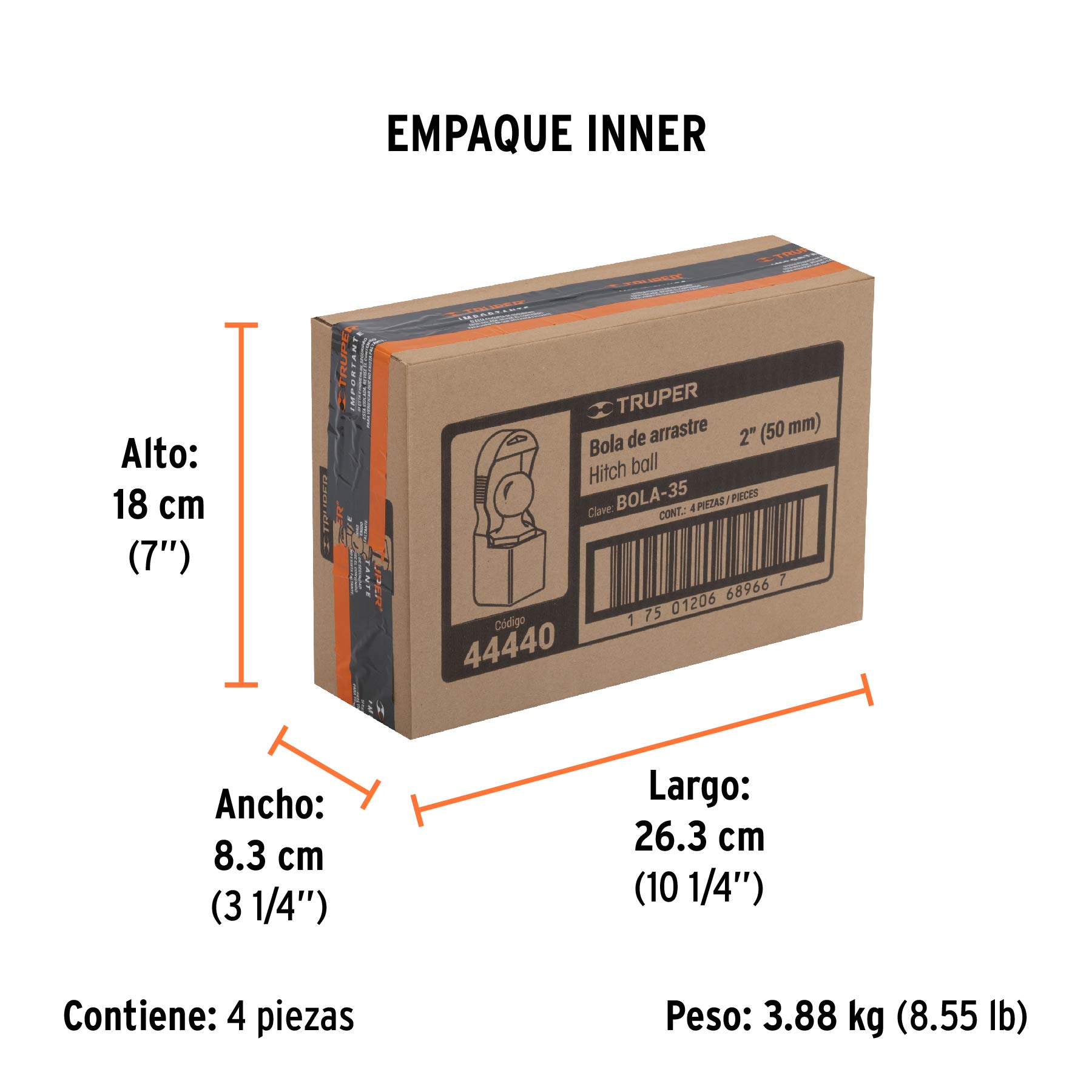 Bola de arrastre para remolque, 2", 3,500 lb, TRUPER - Empaque