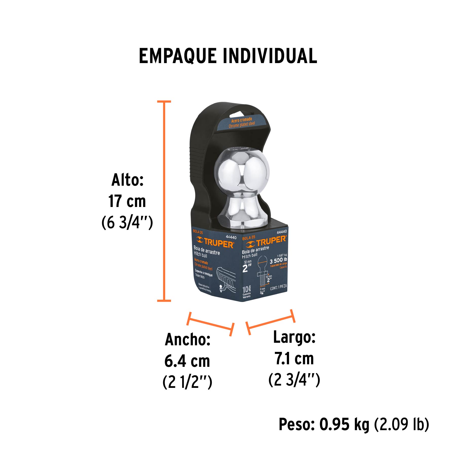 Bola de arrastre para remolque, 2", 3,500 lb, TRUPER - Empaque