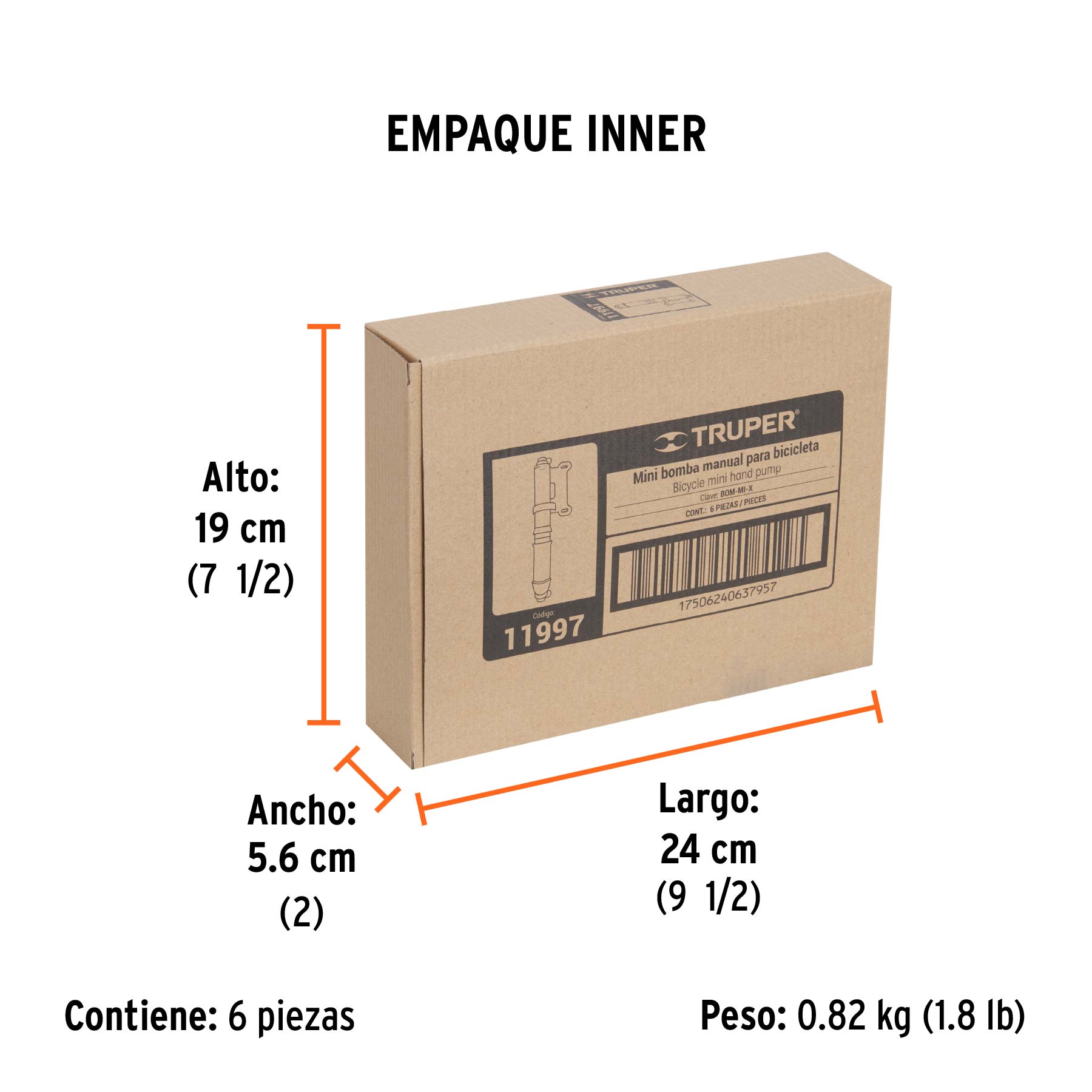 Mini bomba manual para bicicleta, abatible, 75 PSI, TRUPER - Empaque