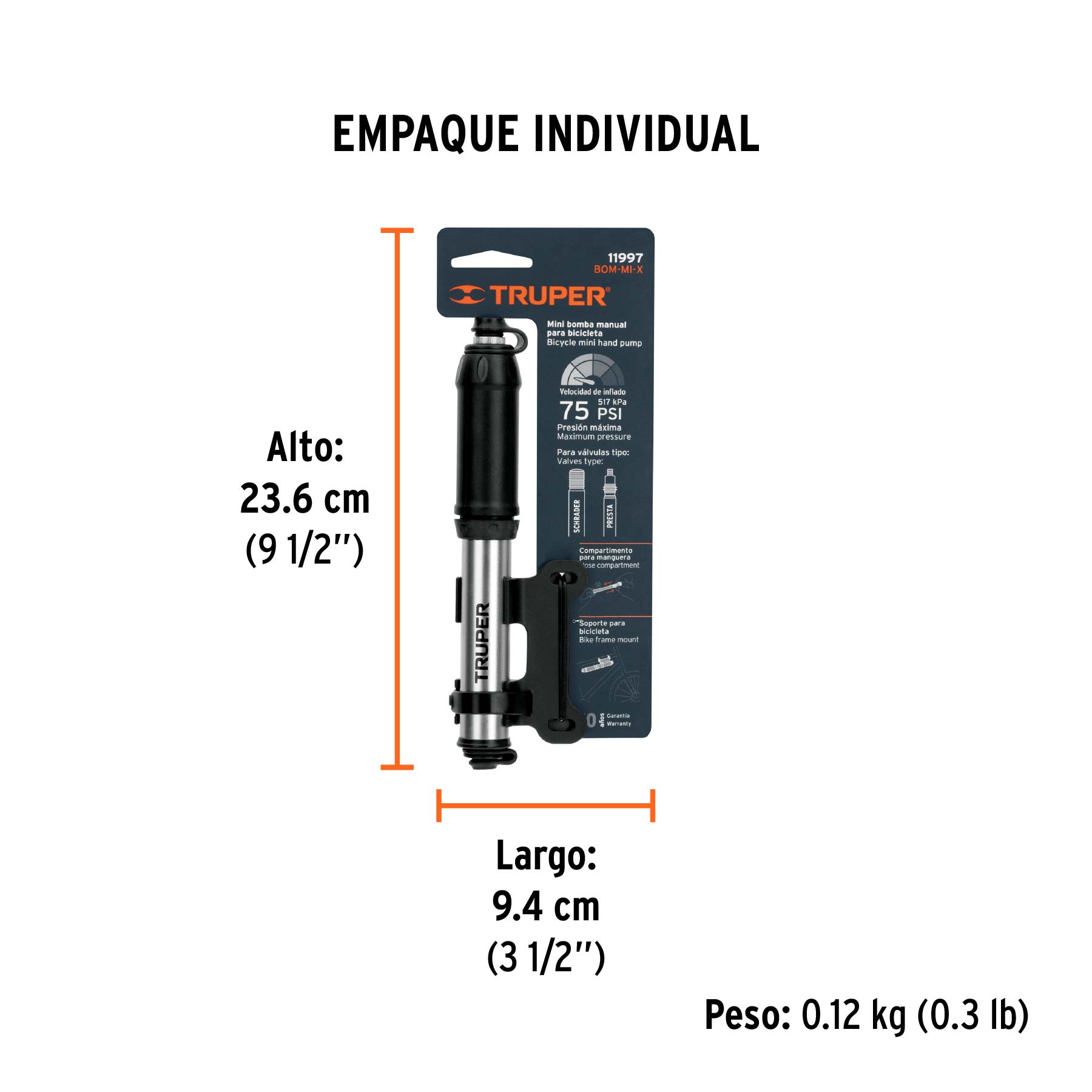 Mini bomba manual para bicicleta, abatible, 75 PSI, TRUPER - Empaque