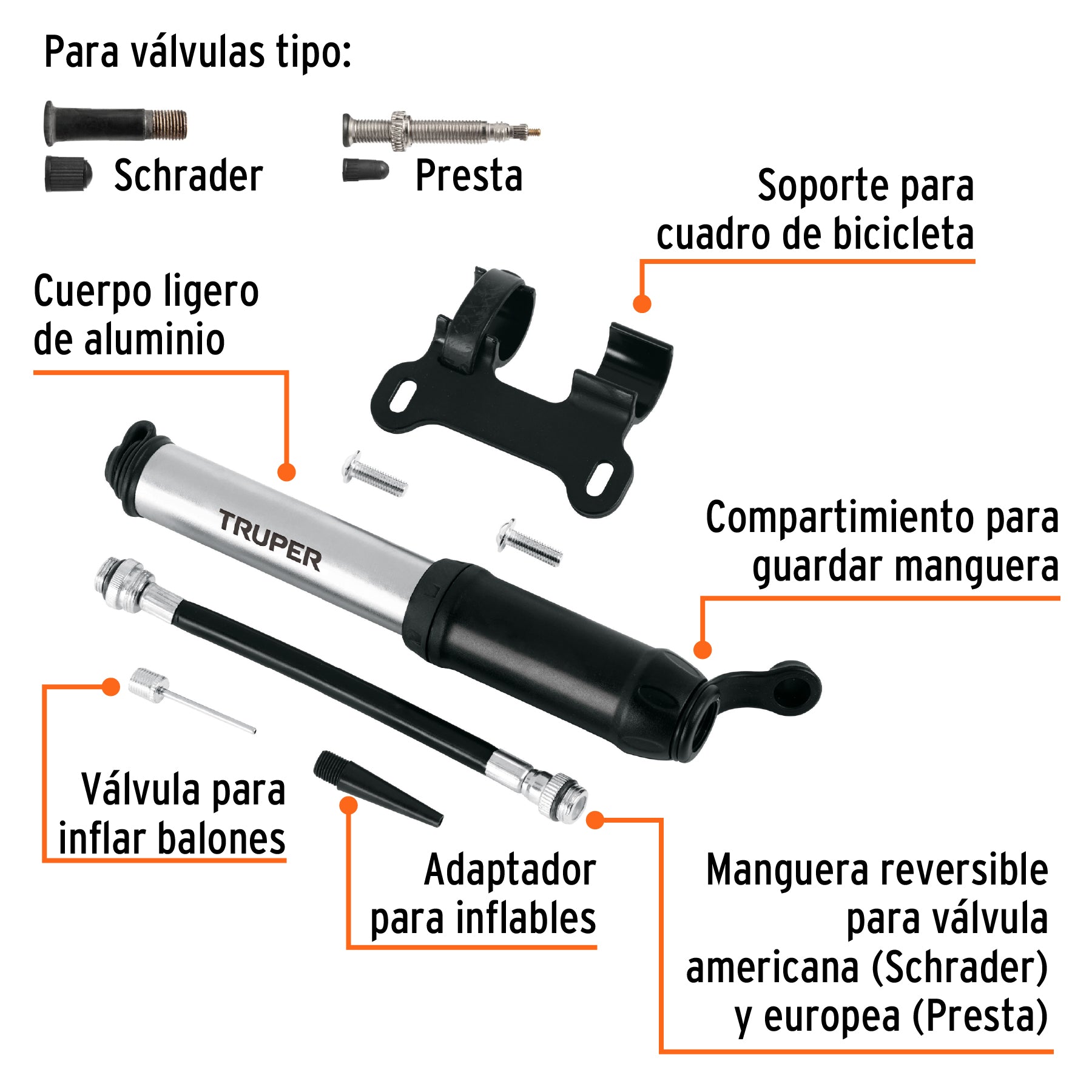 Mini bomba manual para bicicleta, abatible, 75 PSI, TRUPER