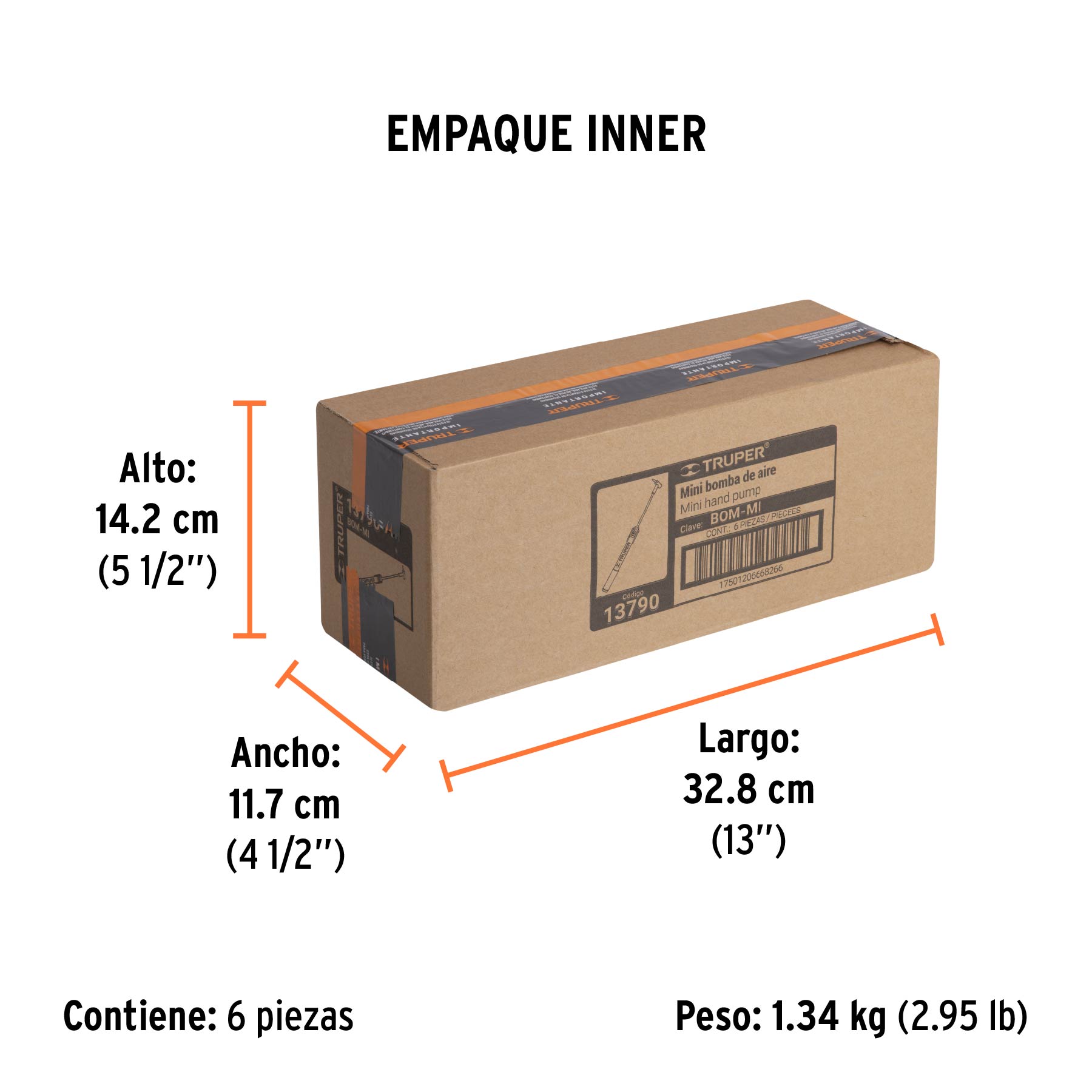 Mini bomba manual para bicicleta, 60 PSI, TRUPER - Empaque