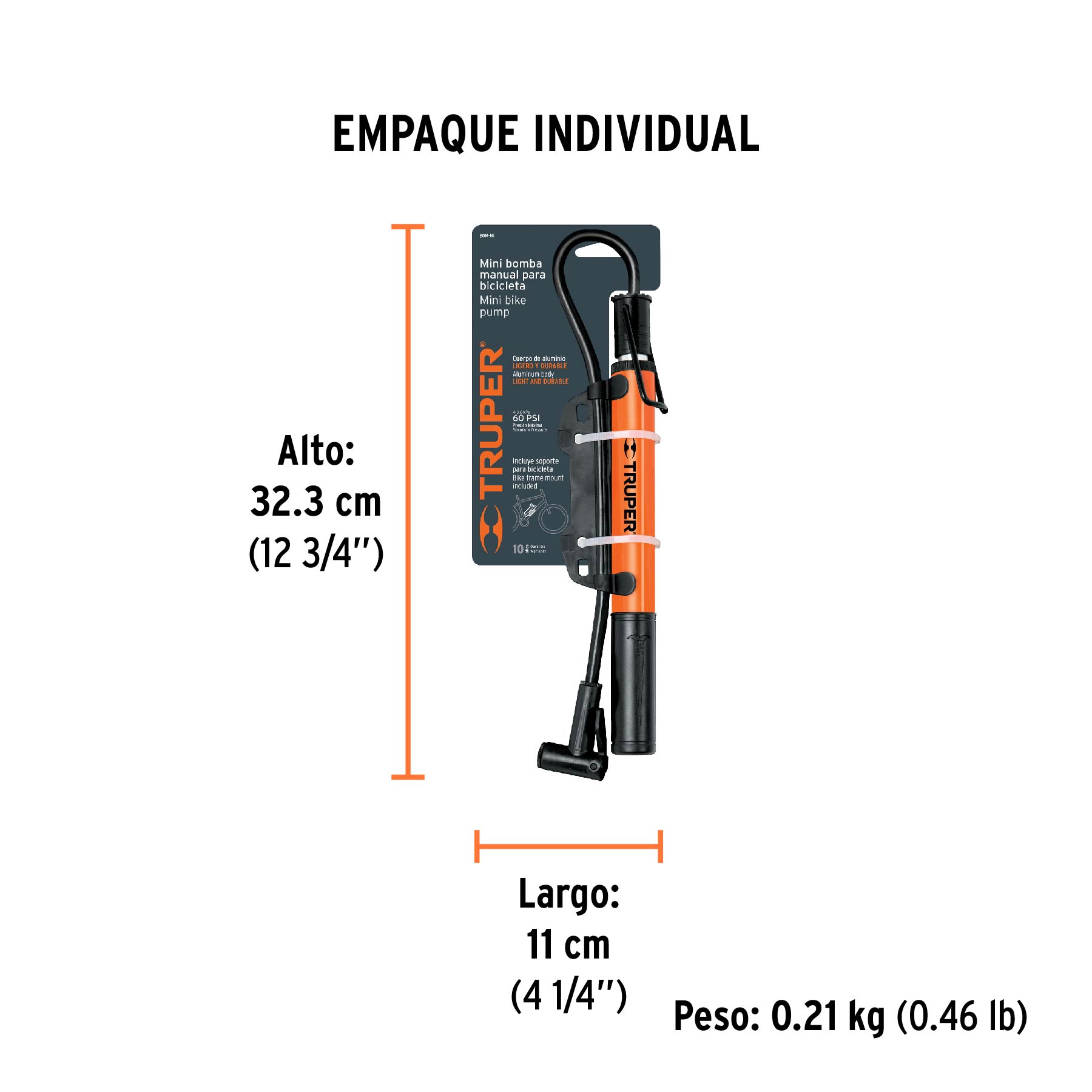 Mini bomba manual para bicicleta, 60 PSI, TRUPER - Empaque