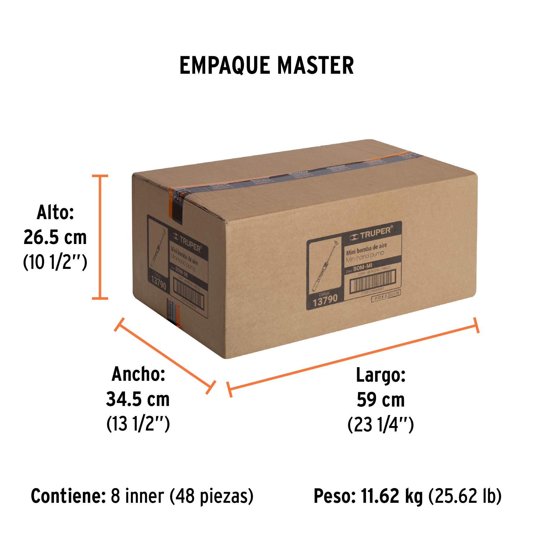 Mini bomba manual para bicicleta, 60 PSI, TRUPER - Empaque