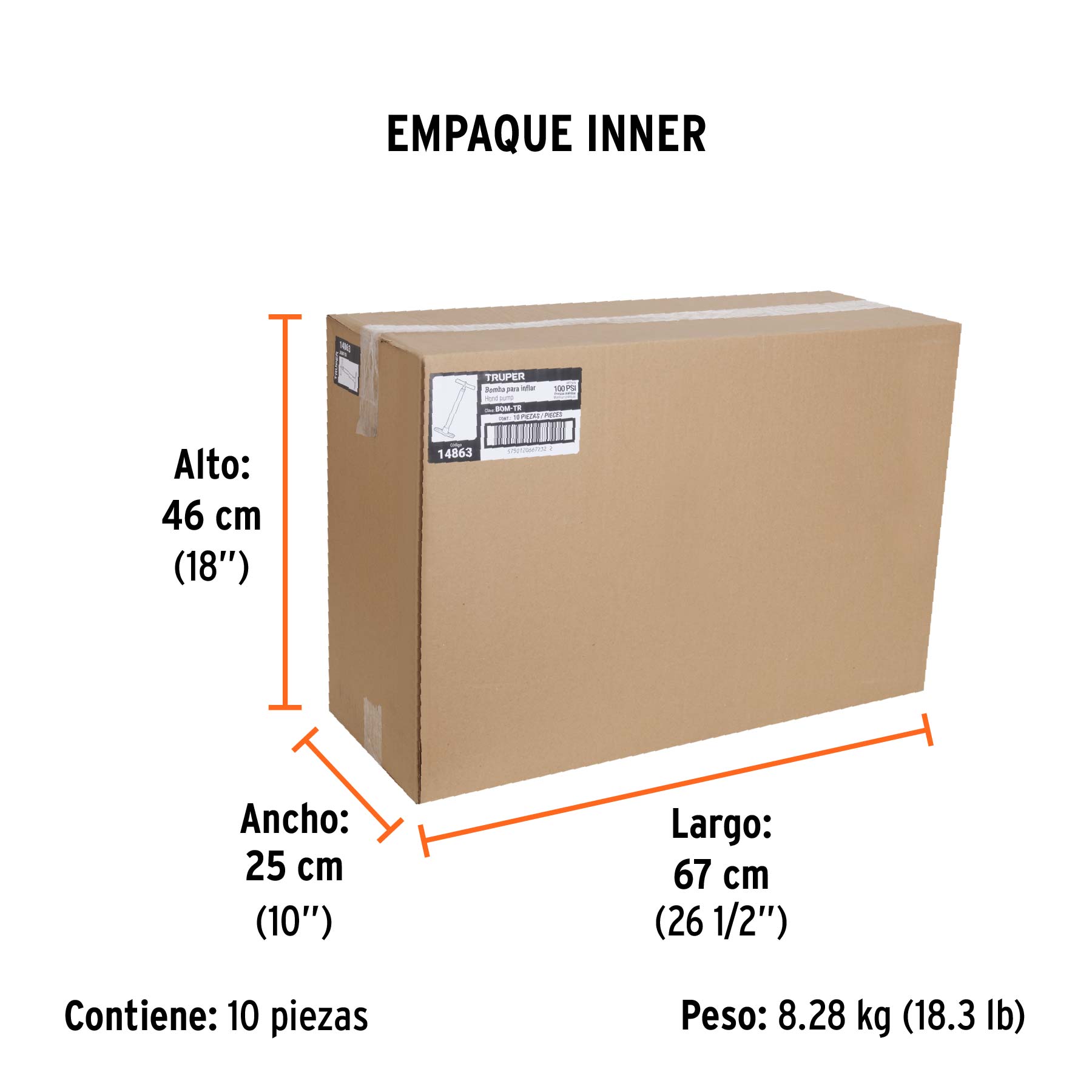 Bomba manual para inflar, 100 PSI, TRUPER - Empaque