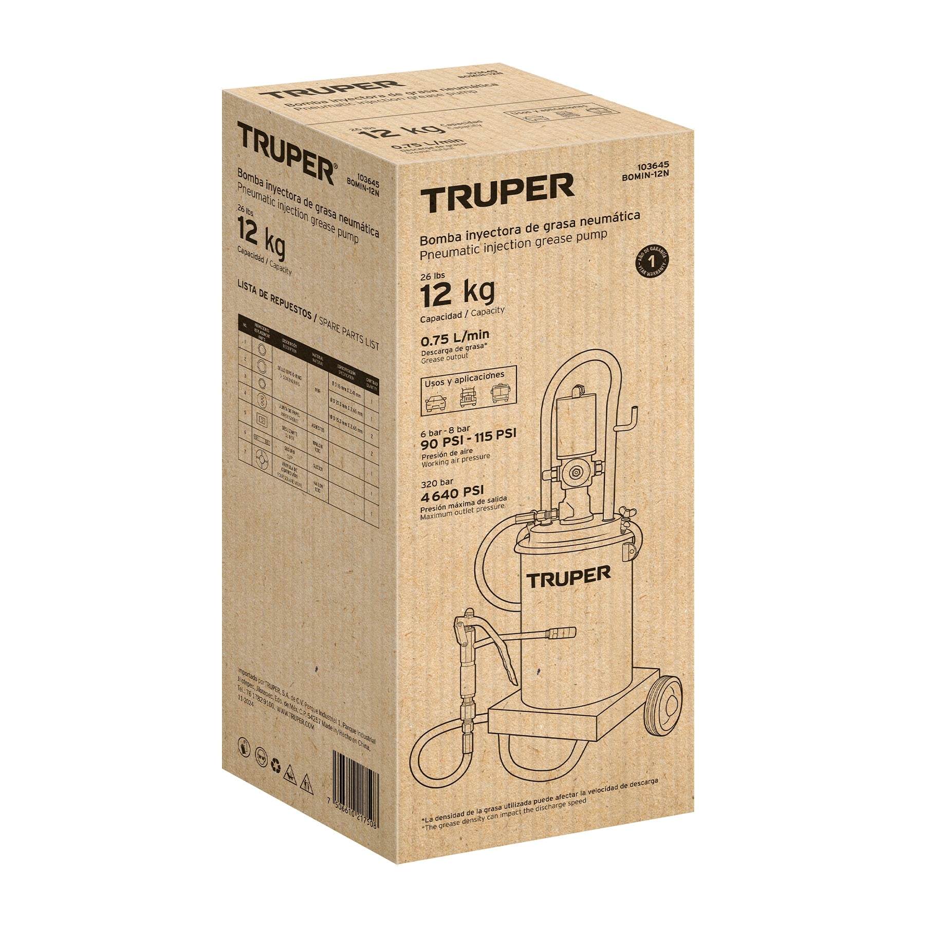 Bomba Inyectora Neumática de grasa, 12 Kg, TRUPER