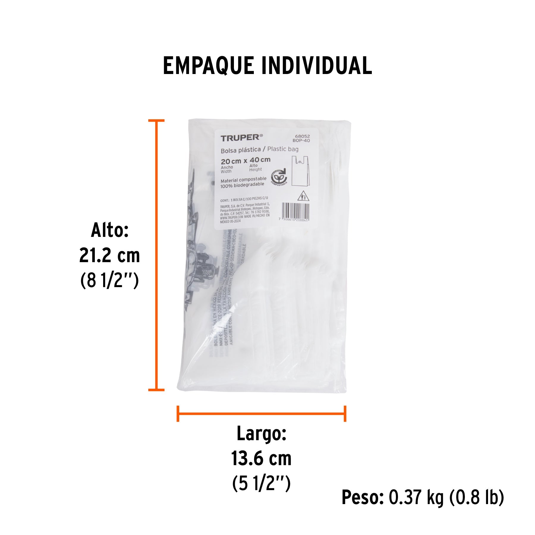 100 bolsas plásticas biodegradables de 20 x 40 cm, TRUPER - Empaque