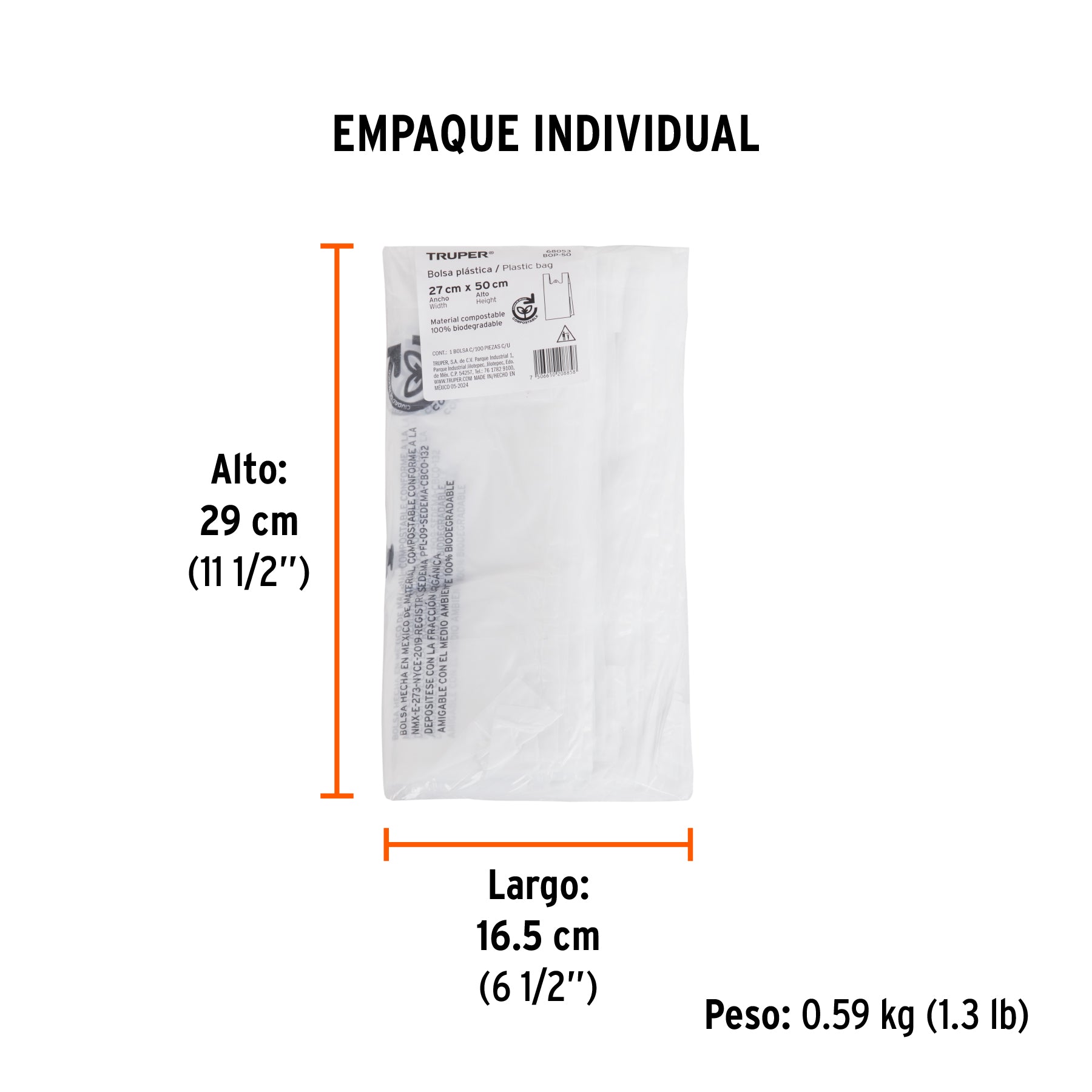 100 bolsas plásticas biodegradables de 27 x 50 cm, TRUPER - Empaque