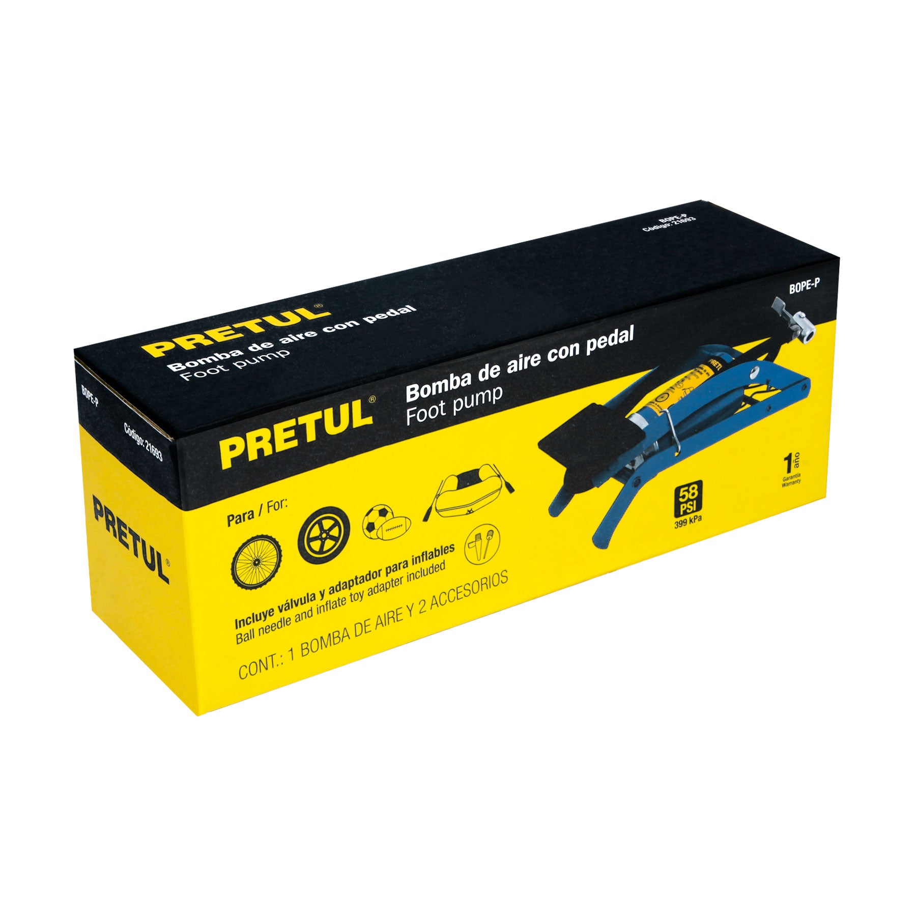 Bomba de pedal para inflar, 58 PSI, PRETUL