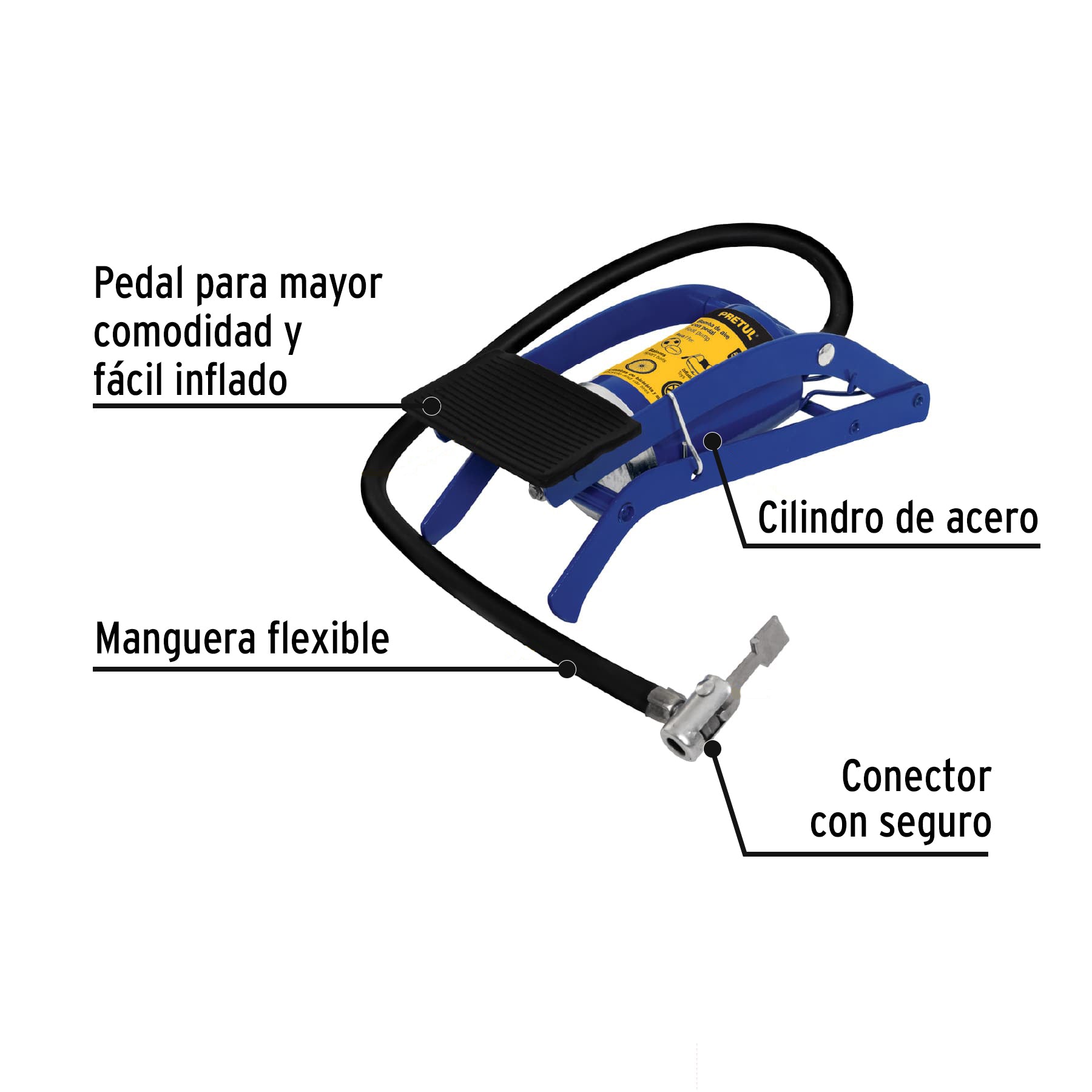 Bomba de pedal para inflar, 58 PSI, PRETUL