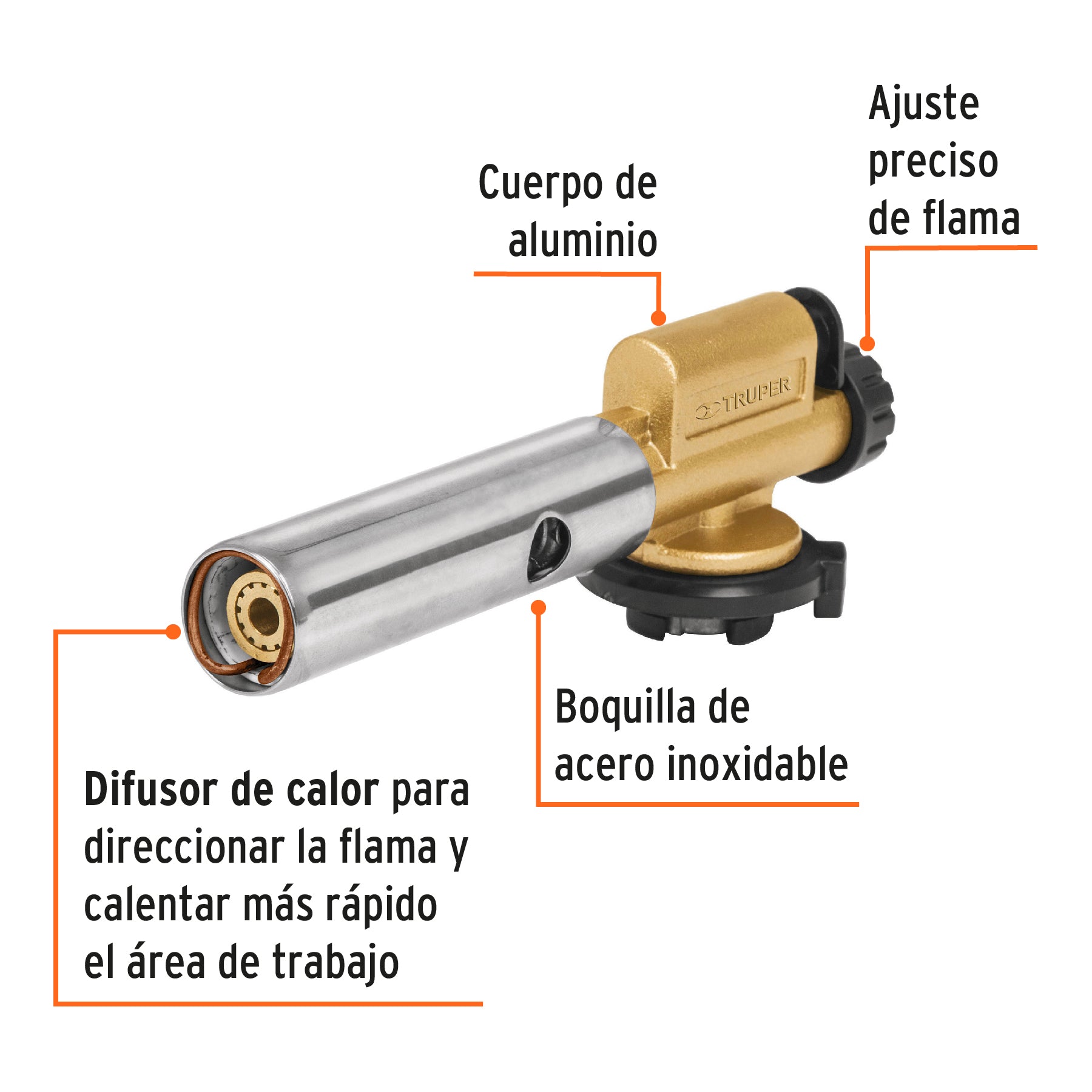 Soplete de aluminio, encendido electrónico, 1/4 de vuelta