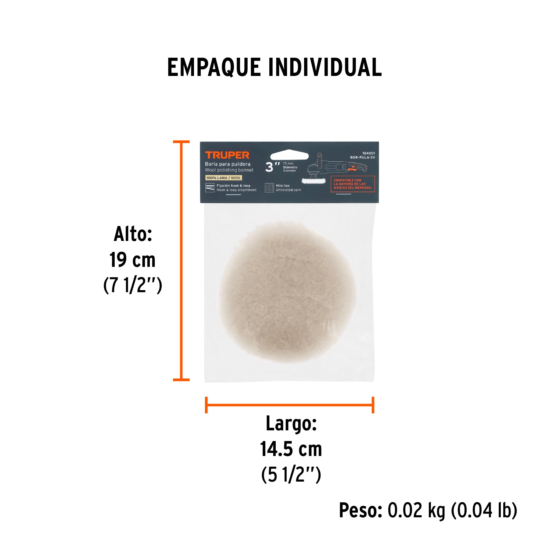 Borla 100% lana de 3", fijación hook and loop, TRUPER - Empaque