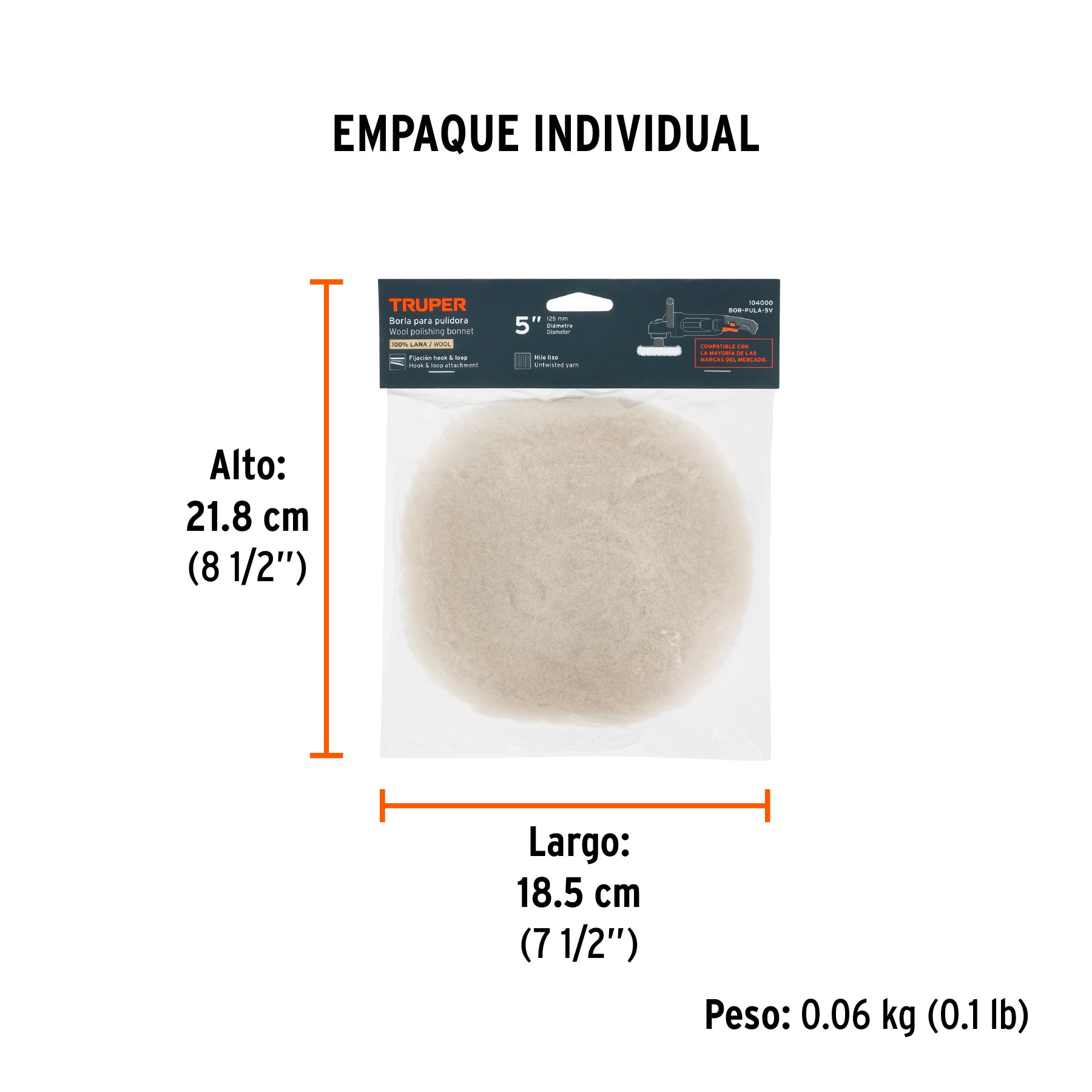 Borla 100% lana de 5", fijación hook and loop, TRUPER - Empaque