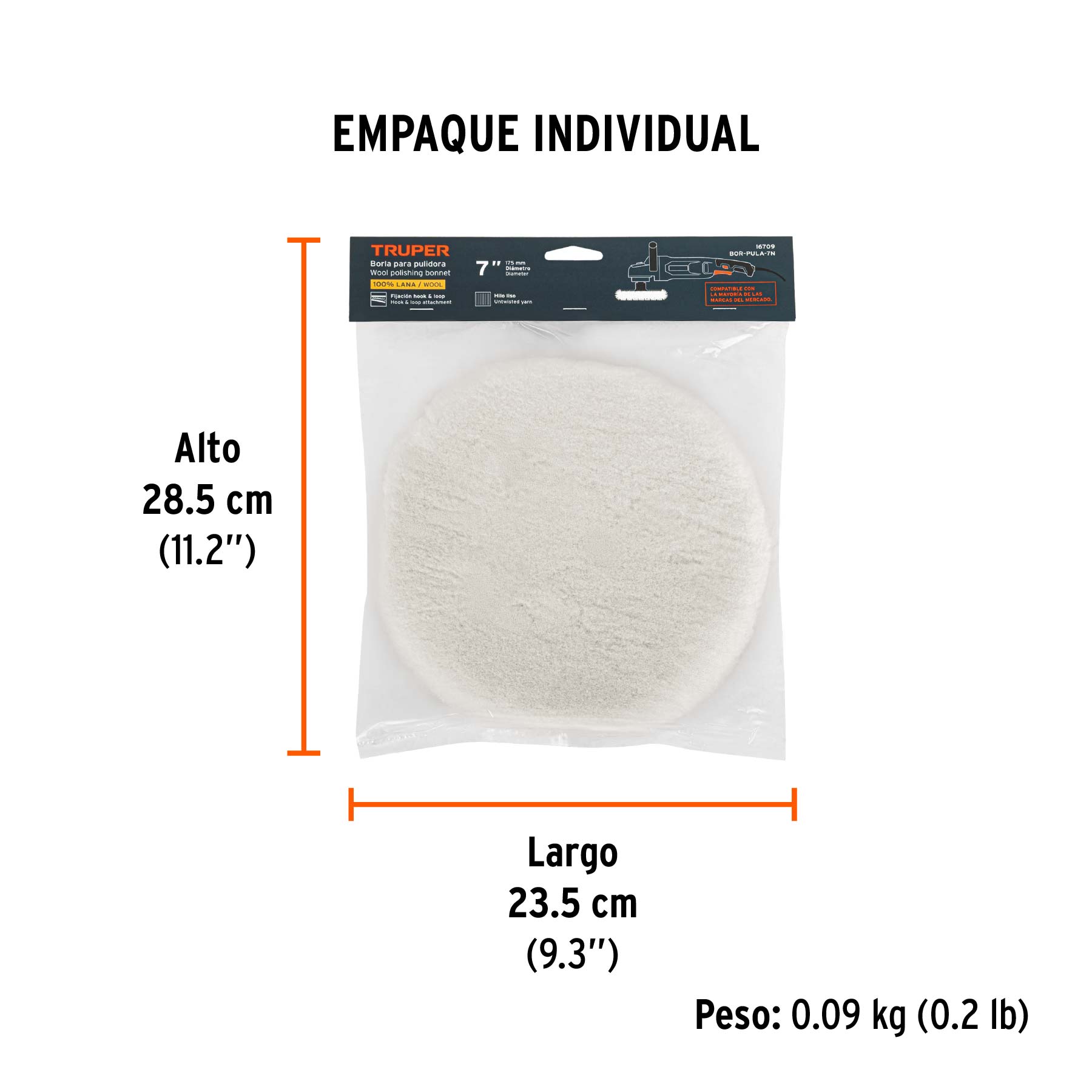 Borla 100% lana de 7", fijación hook and loop, TRUPER - Empaque
