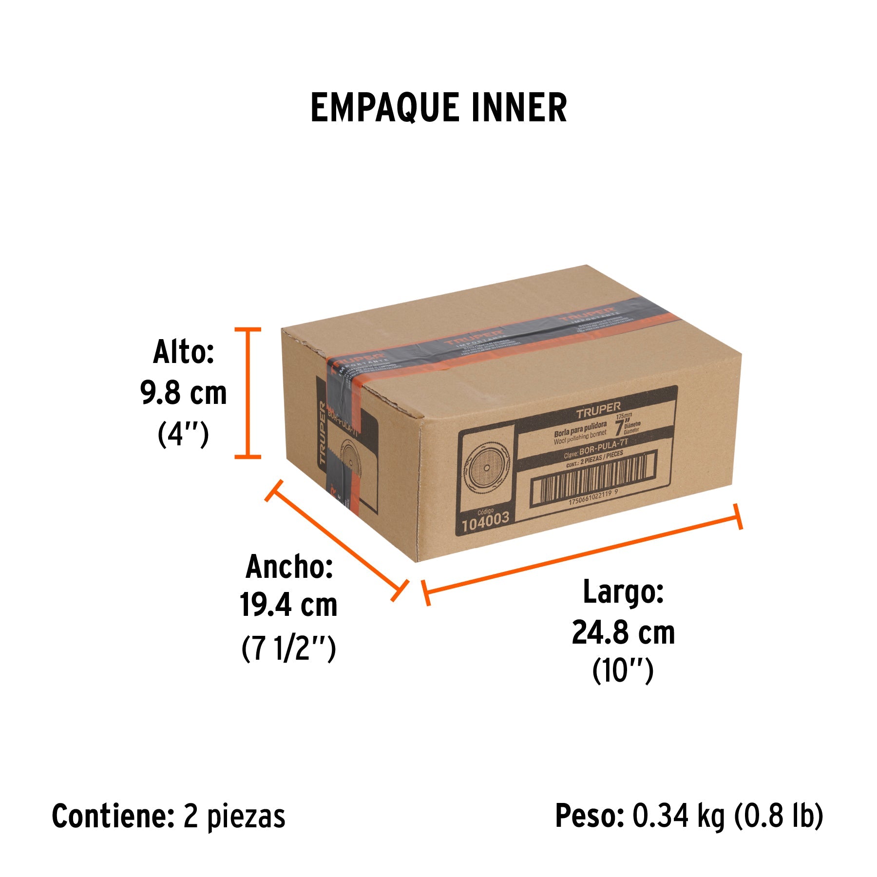 Borla para pulir lana trenzada de 7" hook and loop, TRUPER - Empaque