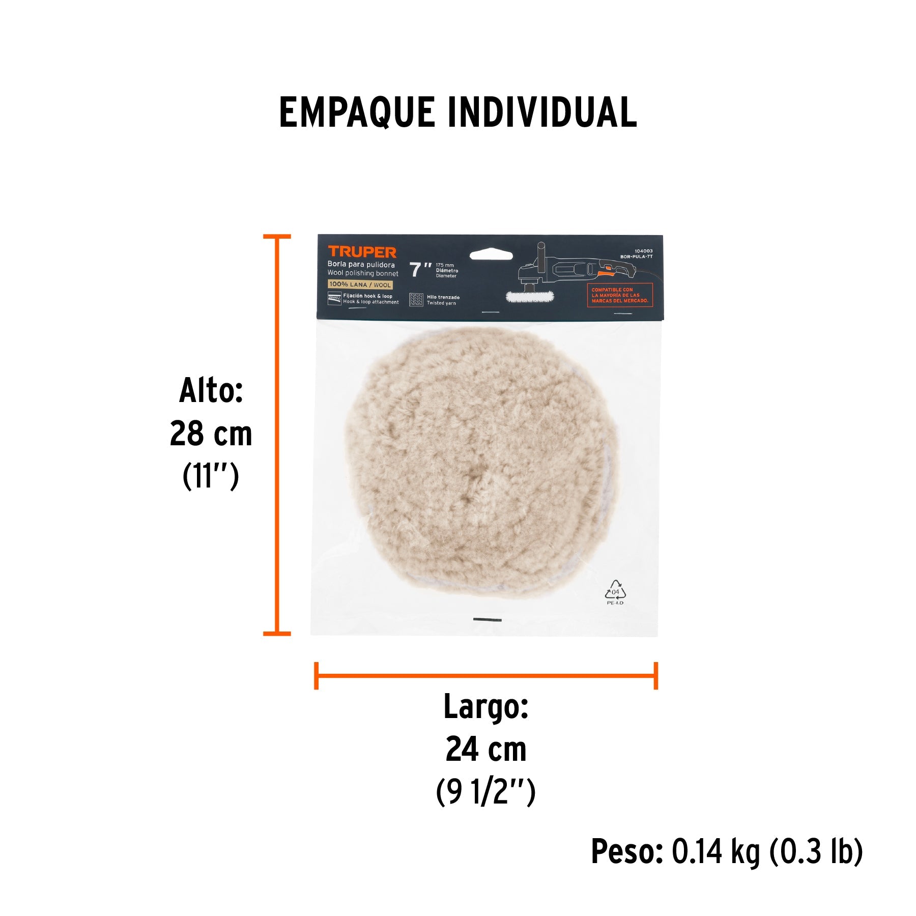 Borla para pulir lana trenzada de 7" hook and loop, TRUPER - Empaque