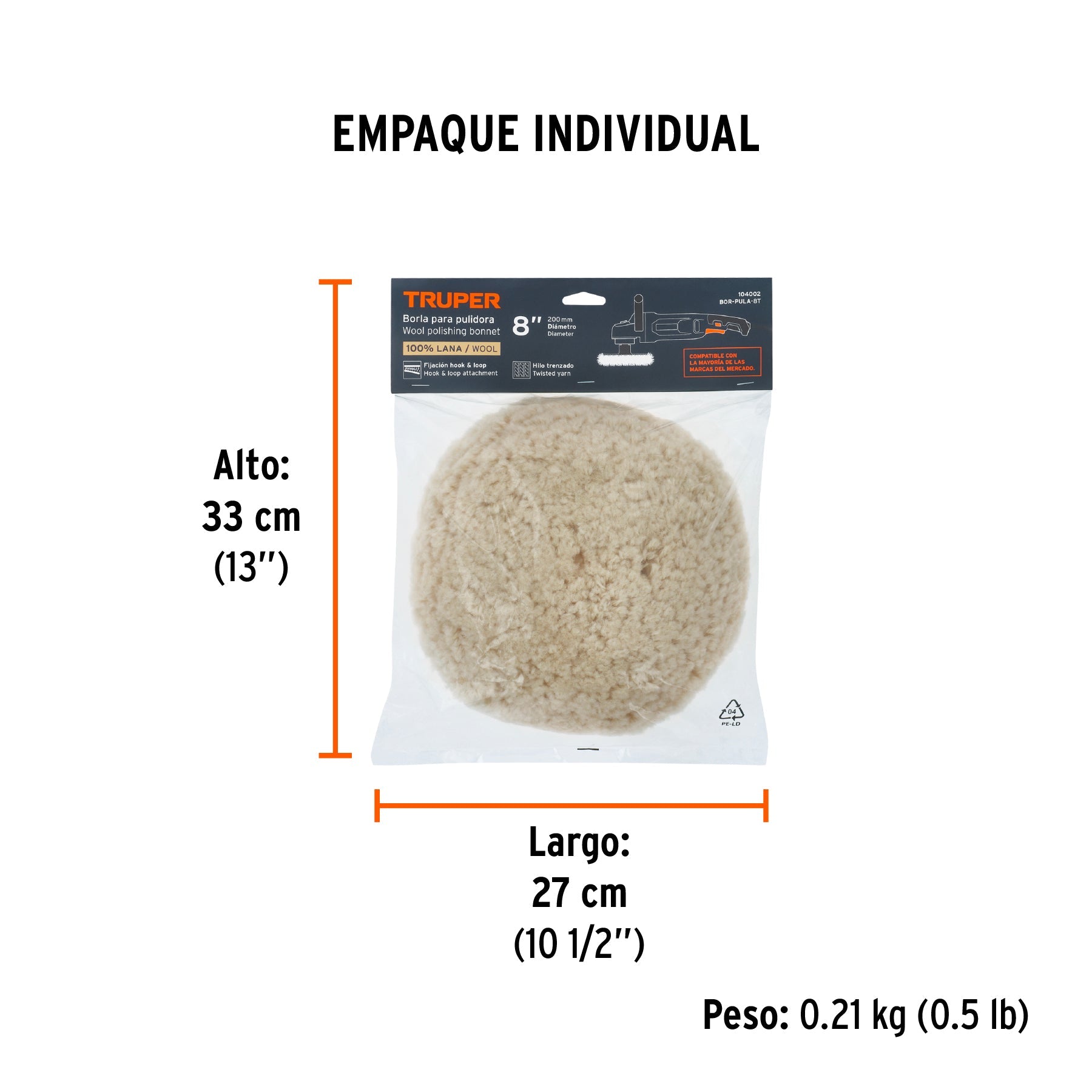 Borla para pulir lana trenzada de 8" hook and loop, TRUPER - Empaque