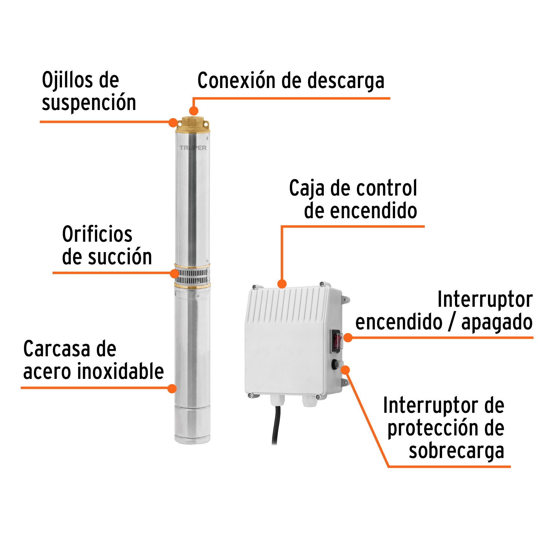 Bomba sumergible tipo bala 4", 1-1/2HP,agrícola, 220V,TRUPER