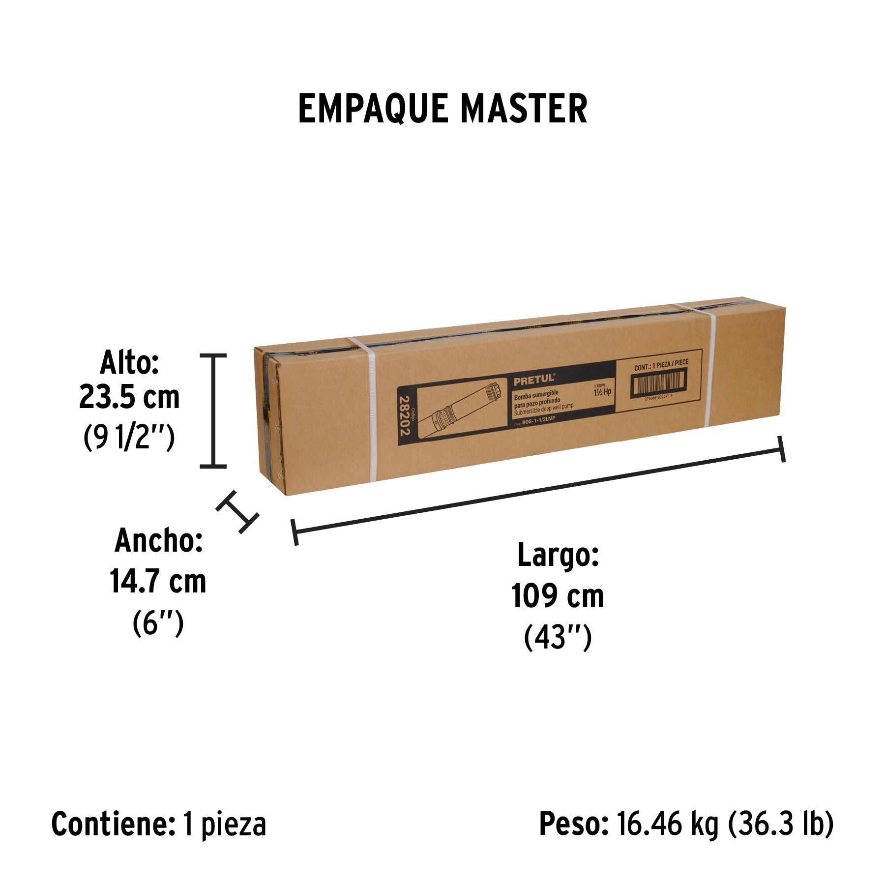 Bomba sumergible tipo bala 4", 1-1/2HP, uso agrícola, PRETUL - Empaque