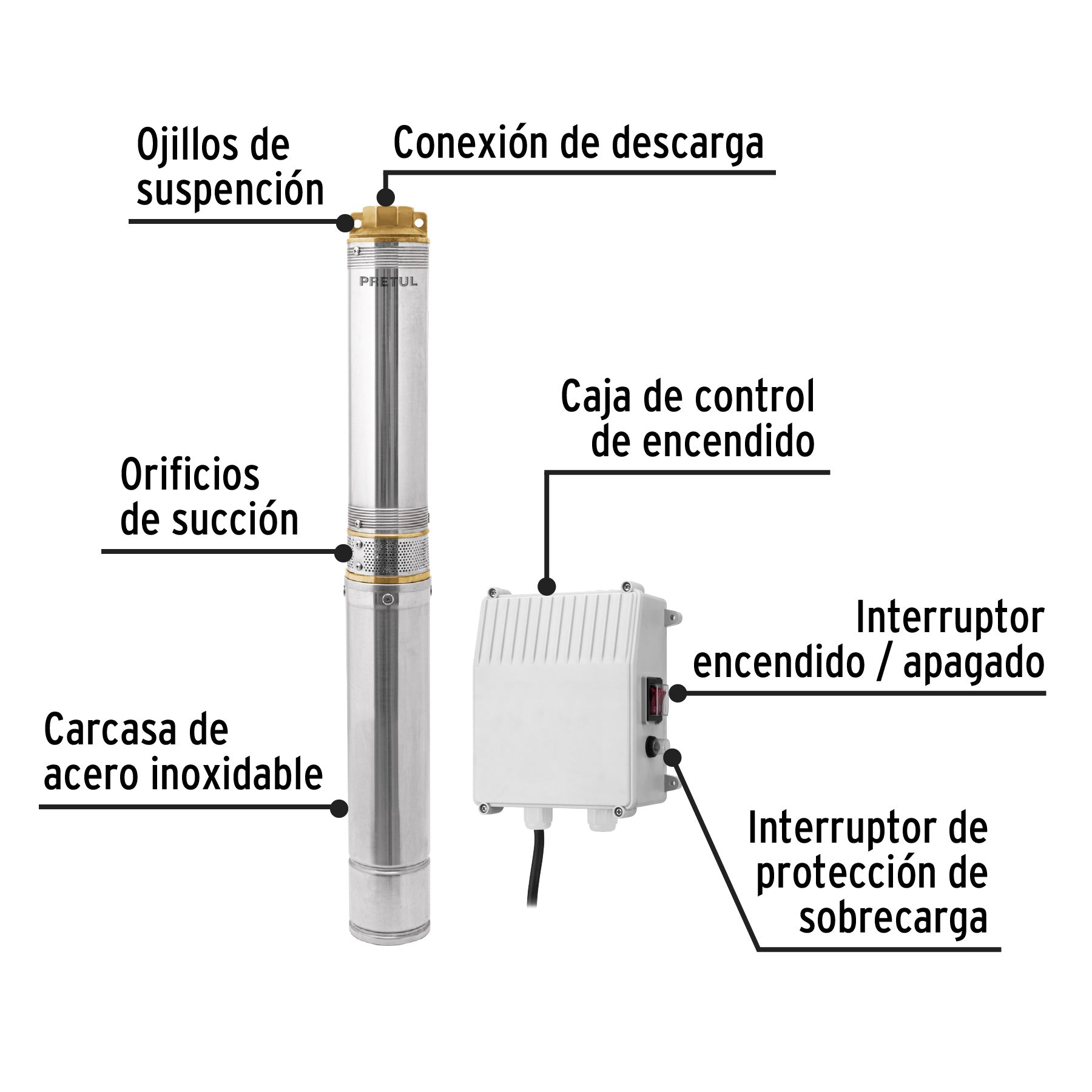 Bomba sumergible tipo bala 4", 1-1/2HP, uso agrícola, PRETUL