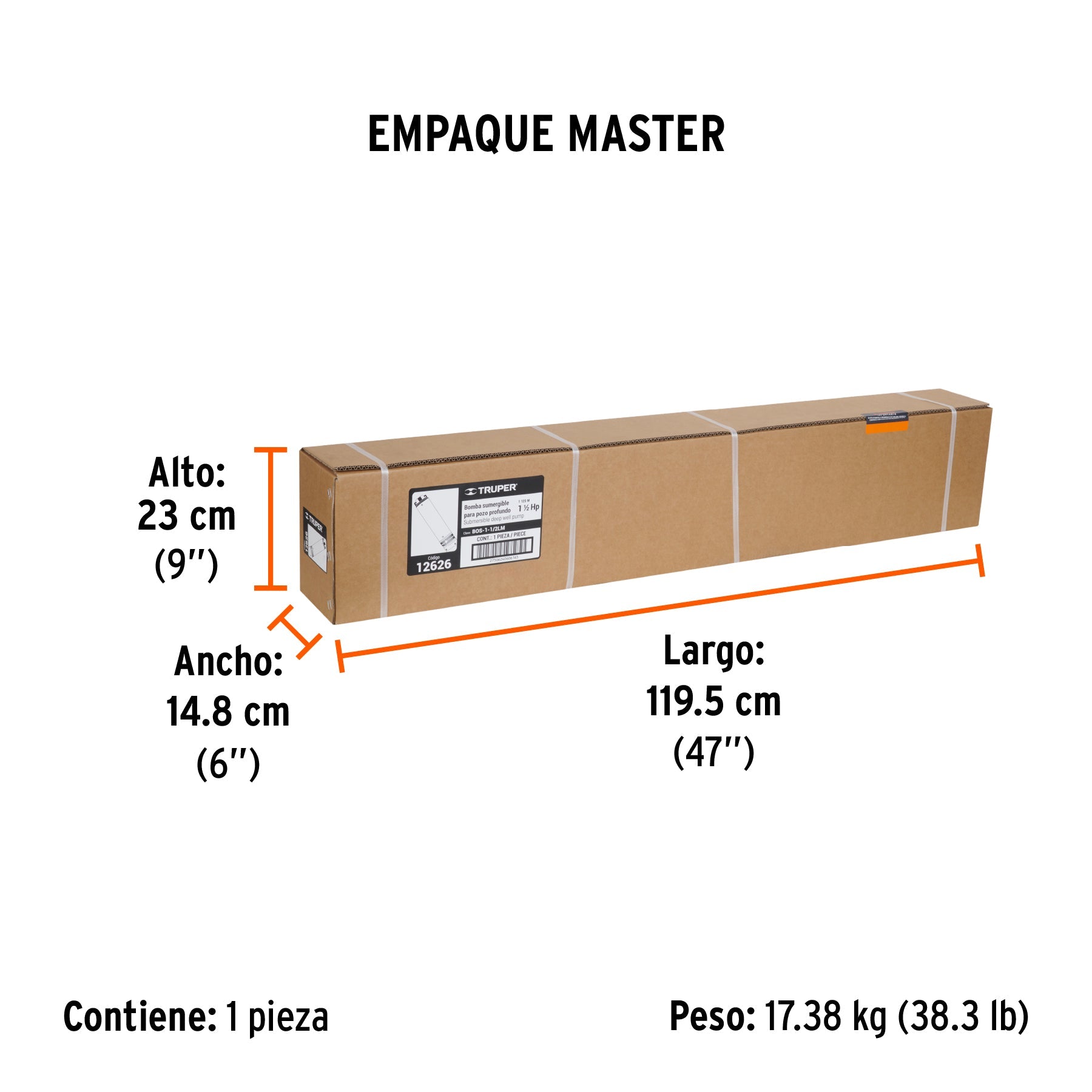 Bomba sumergible tipo bala 4", 1-1/2HP, uso agrícola, TRUPER - Empaque