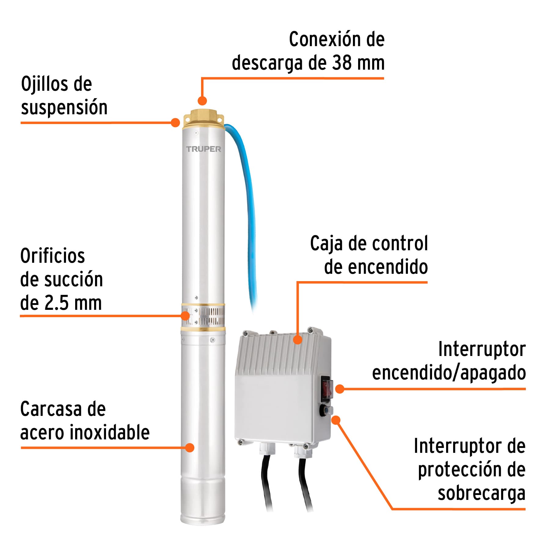 Bomba sumergible tipo bala 4", 1-1/2HP, uso agrícola, TRUPER