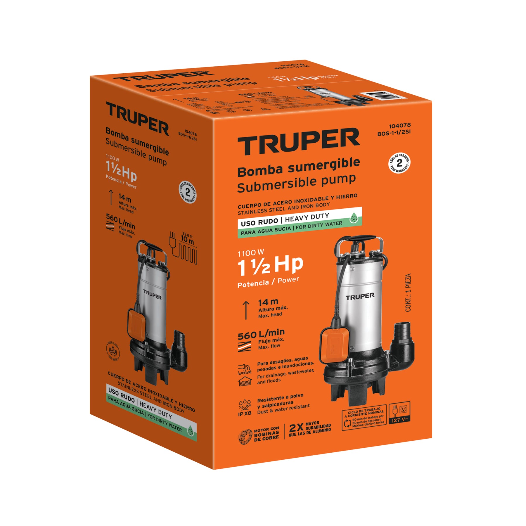 Bomba sumergible acero inox./hierro, a.sucia,1-1/2HP, TRUPER