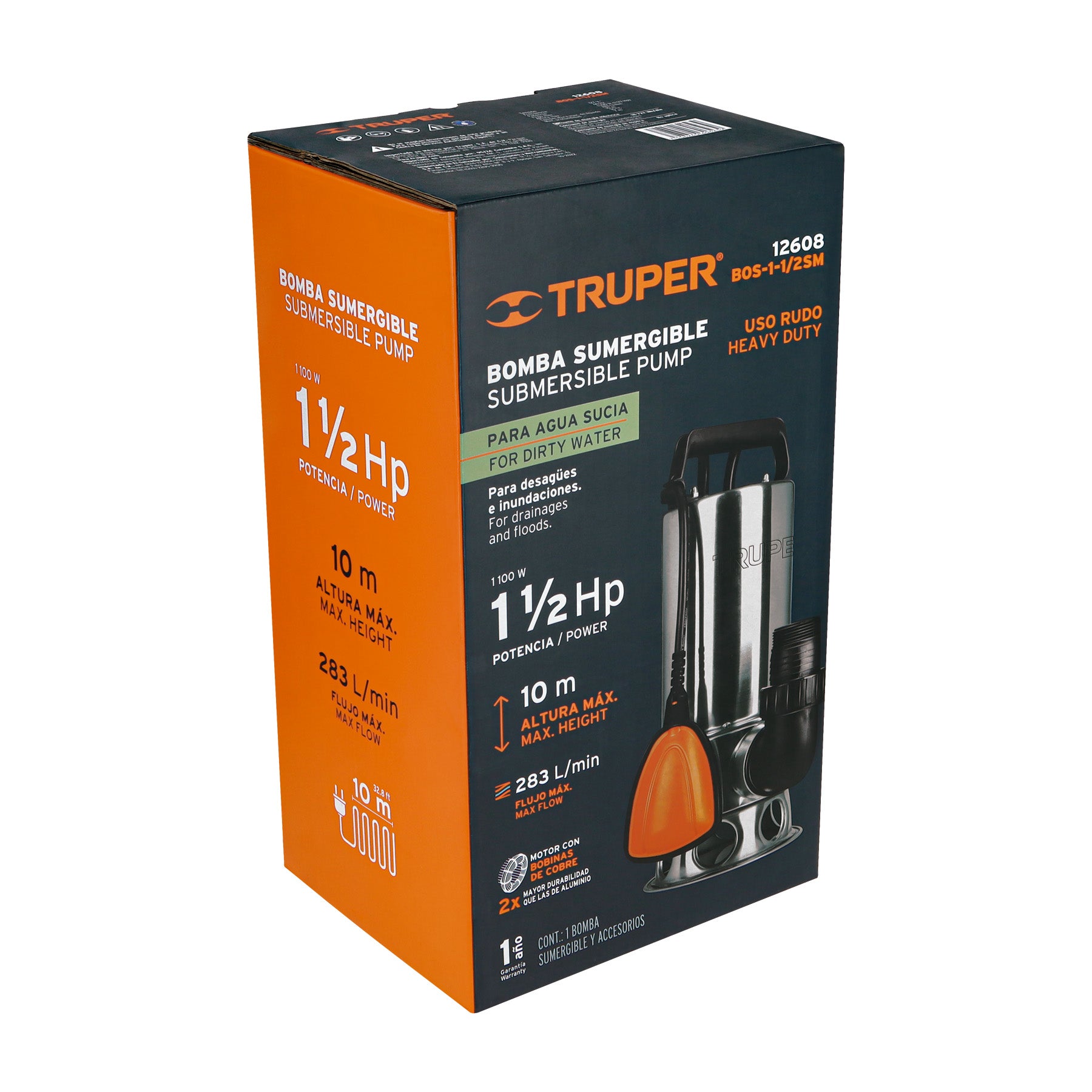 Bomba sumergible acero inoxidable,agua sucia,1-1/2HP, TRUPER