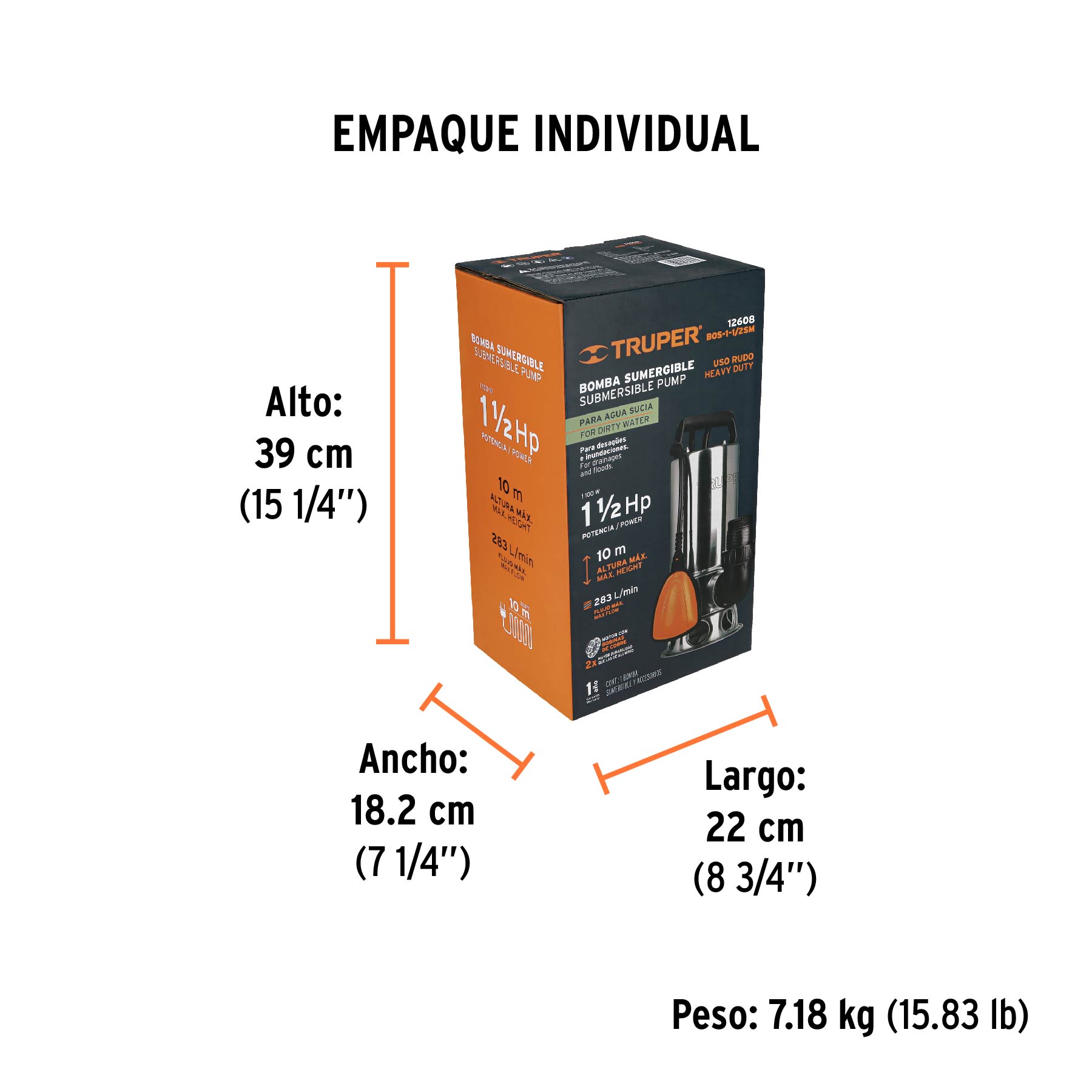 Bomba sumergible acero inoxidable,agua sucia,1-1/2HP, TRUPER - Empaque