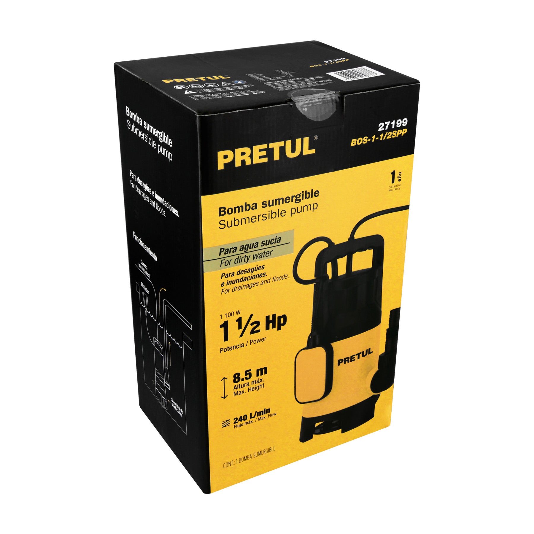 Bomba sumergible plástica, 1-1/2 HP para agua sucia, PRETUL