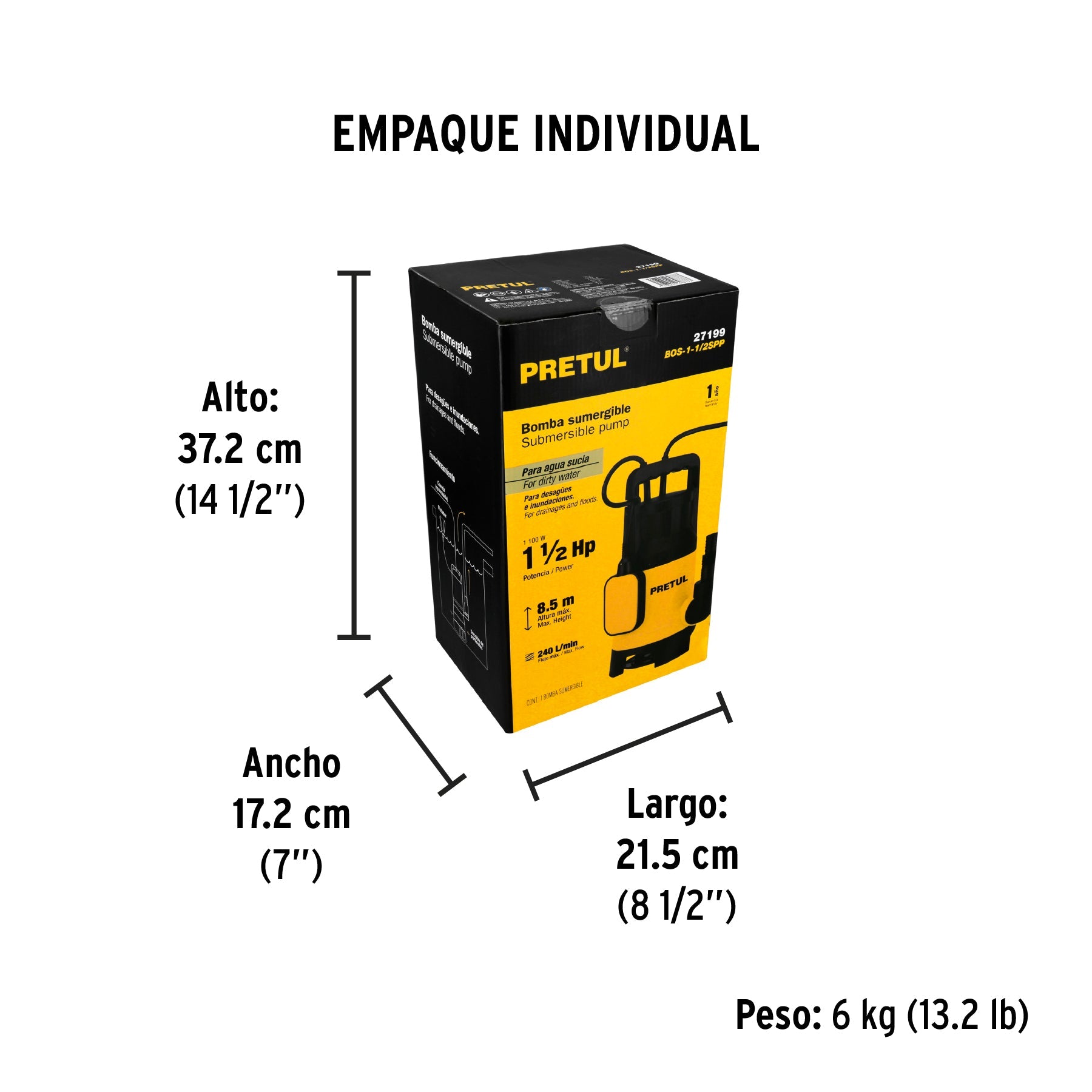 Bomba sumergible plástica, 1-1/2 HP para agua sucia, PRETUL - Empaque