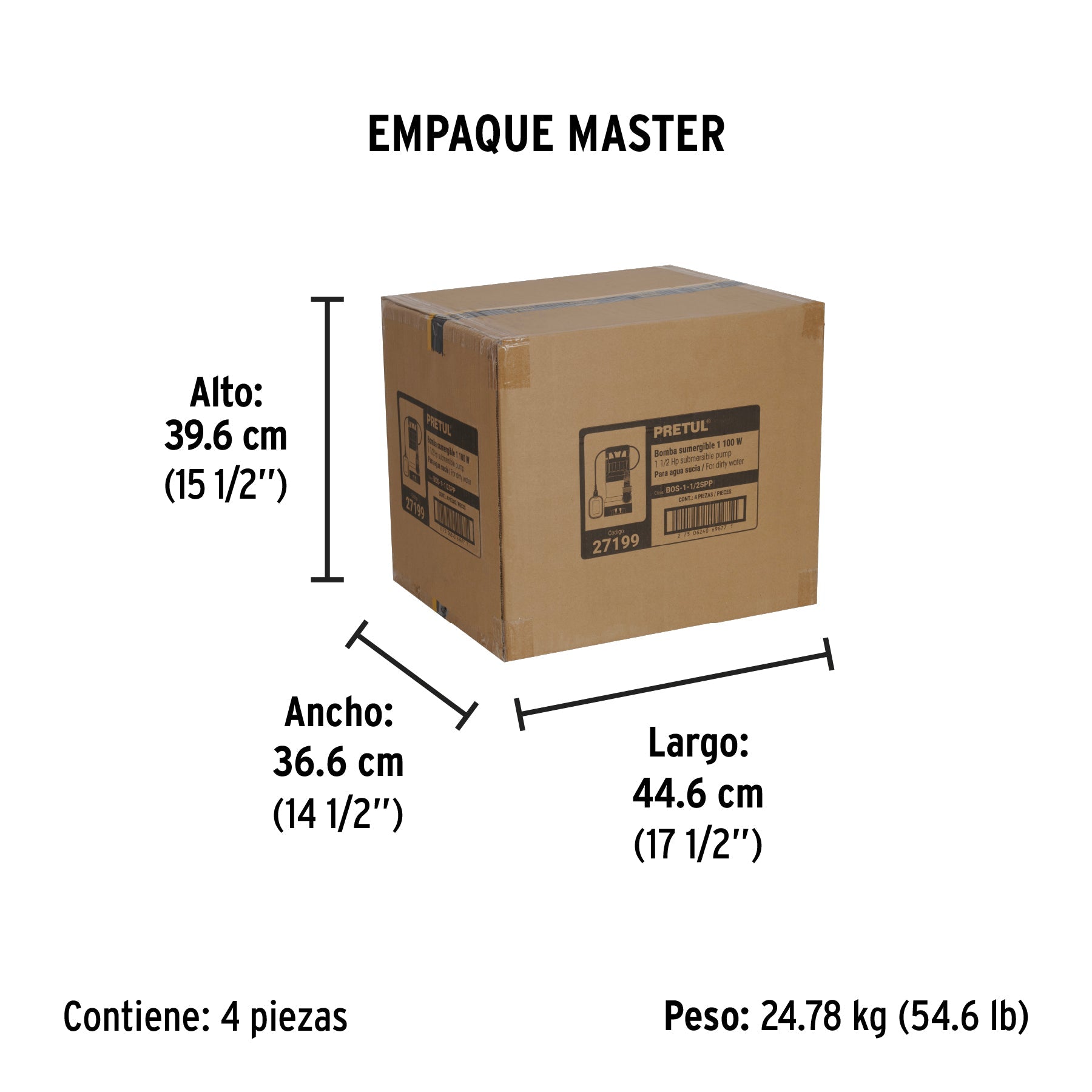 Bomba sumergible plástica, 1-1/2 HP para agua sucia, PRETUL - Empaque