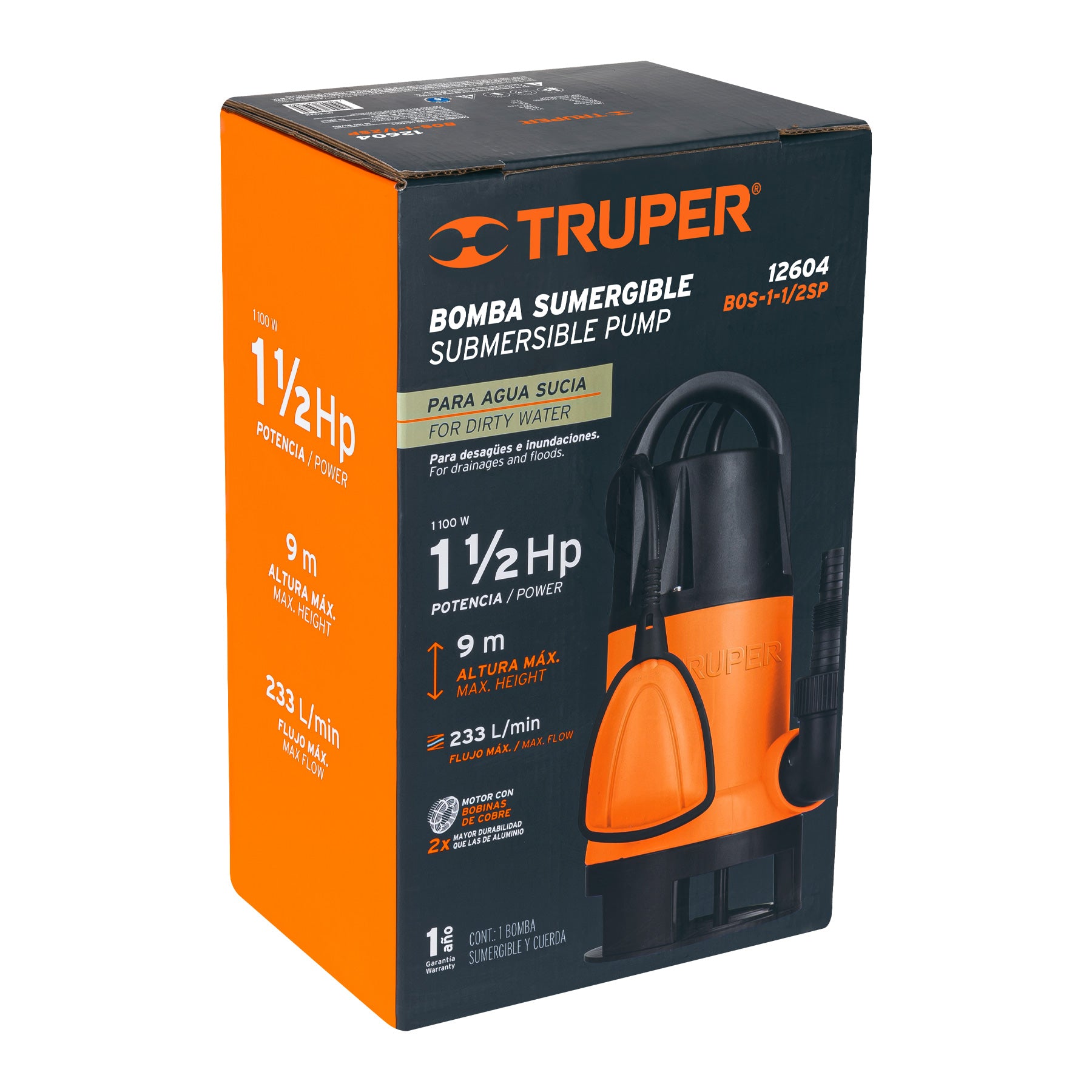 Bomba sumergible plástica, 1-1/2 HP para agua sucia, TRUPER
