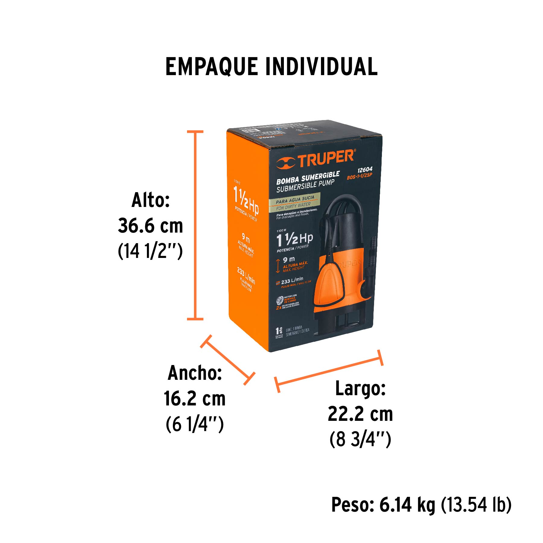Bomba sumergible plástica, 1-1/2 HP para agua sucia, TRUPER - Empaque