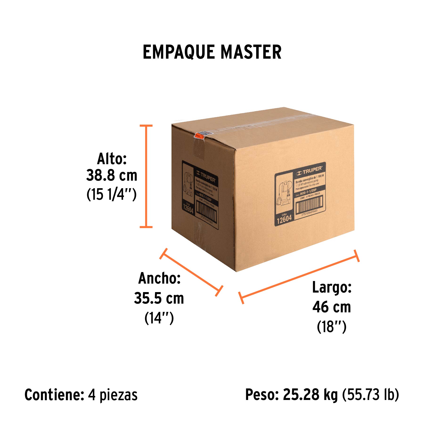 Bomba sumergible plástica, 1-1/2 HP para agua sucia, TRUPER - Empaque