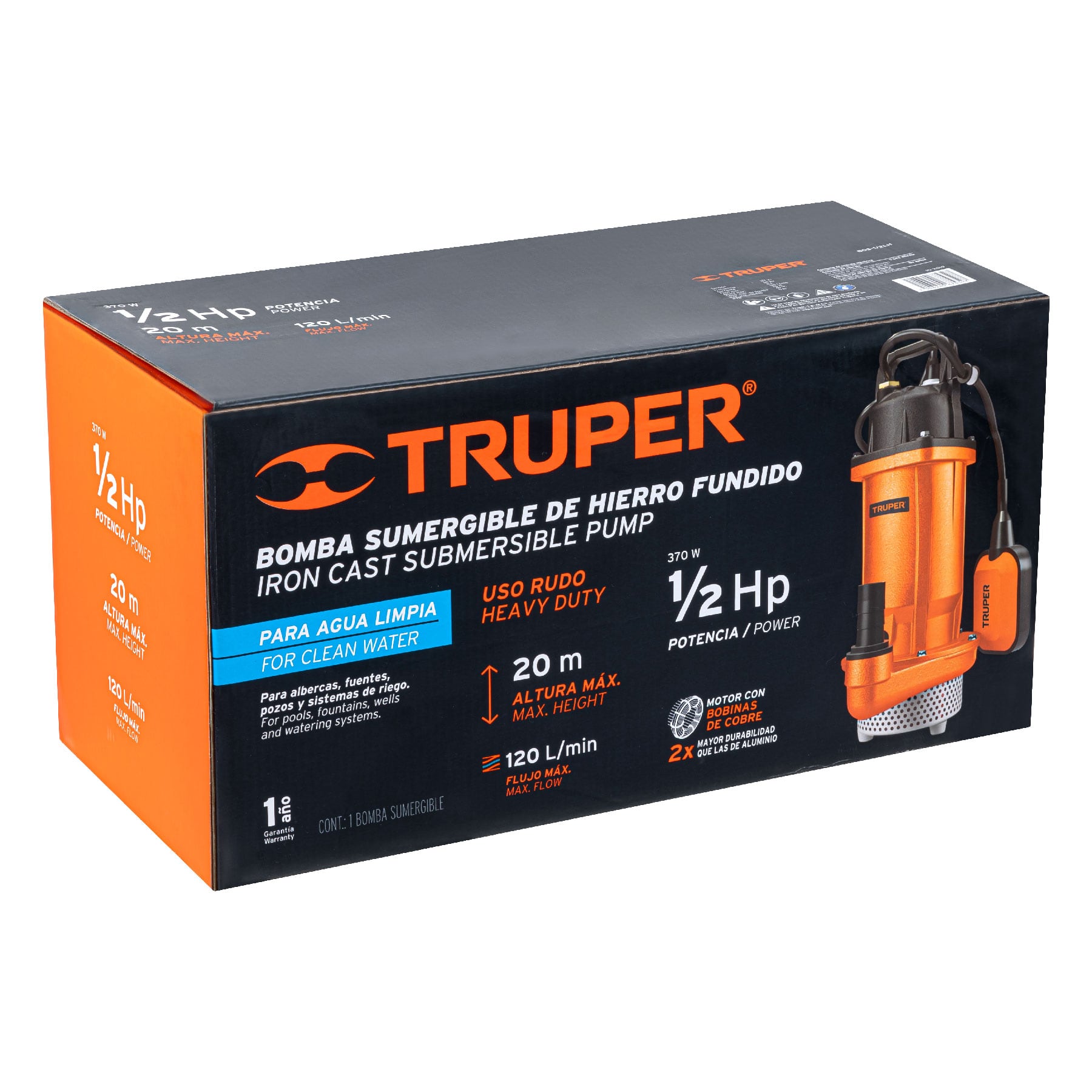 Bomba sumergible hierro fundido, agua limpia, 1/2 HP, TRUPER