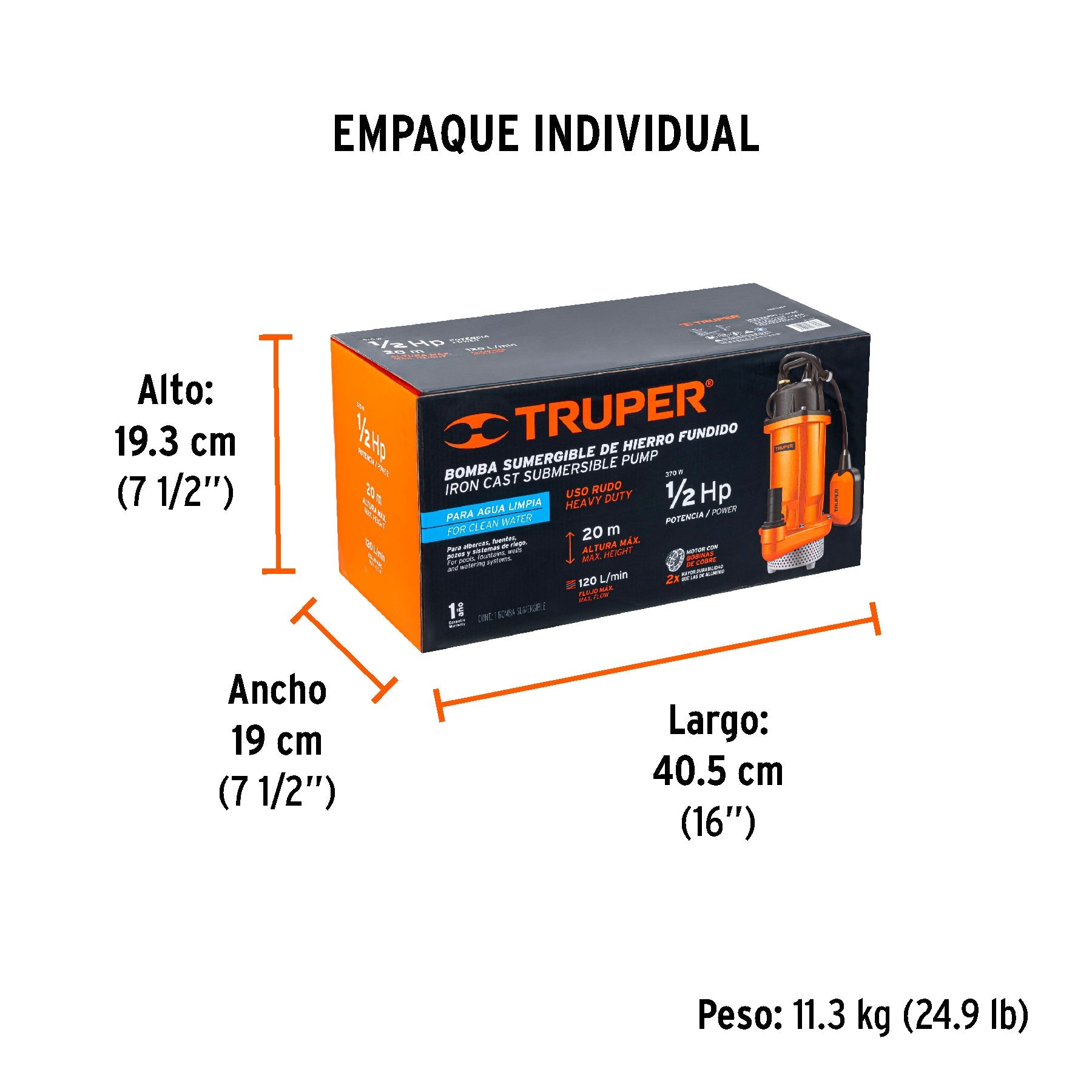 Bomba sumergible hierro fundido, agua limpia, 1/2 HP, TRUPER - Empaque