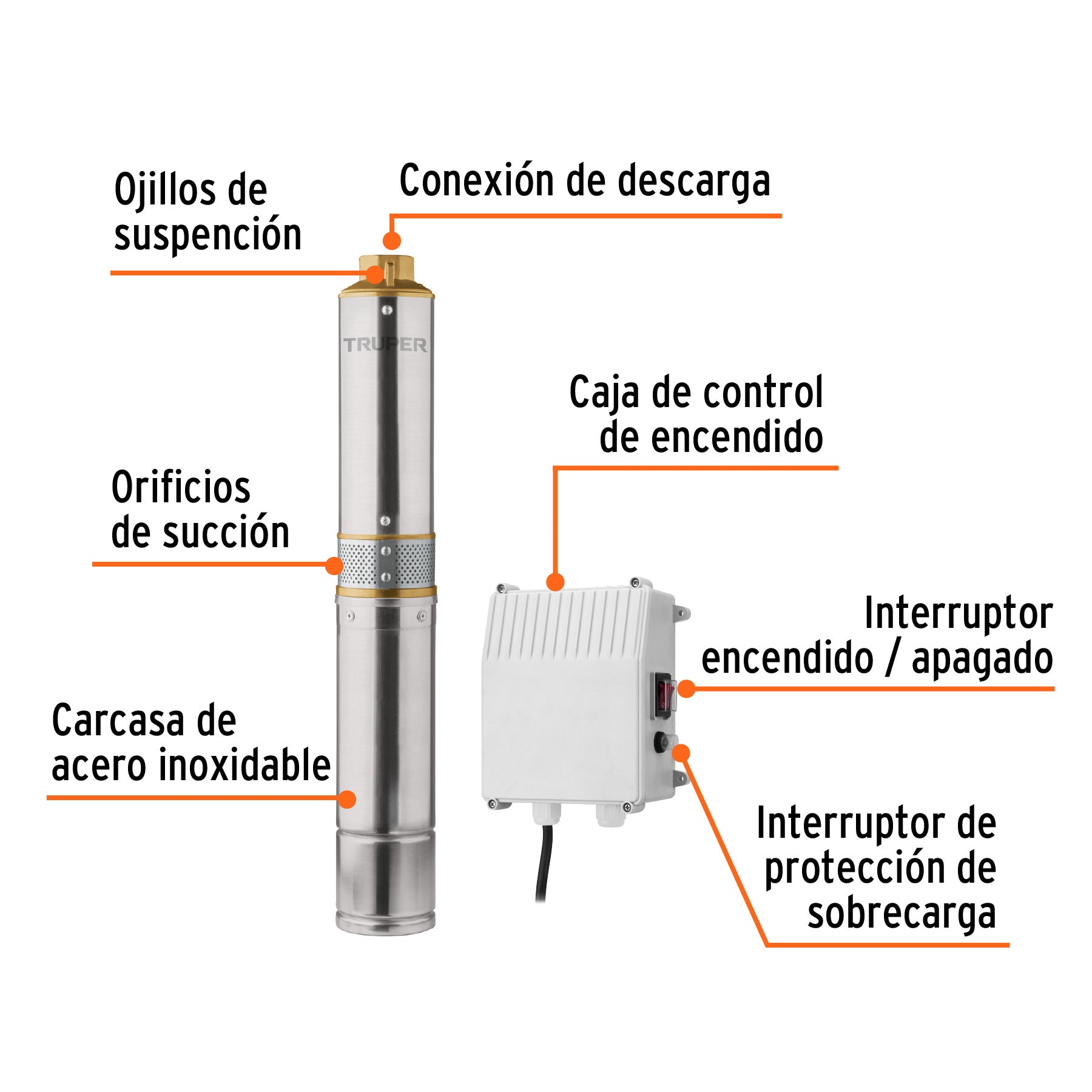 Bomba sumergible tipo bala 4", 1/2HP, agrícola, 220V,TRUPER