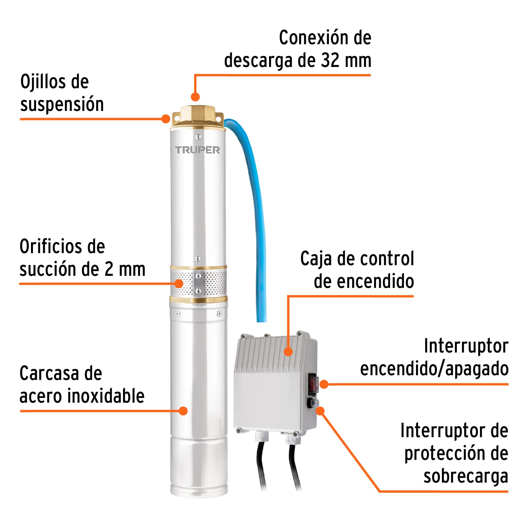 Bomba sumergible tipo bala 4", 1/2HP, uso agrícola, TRUPER