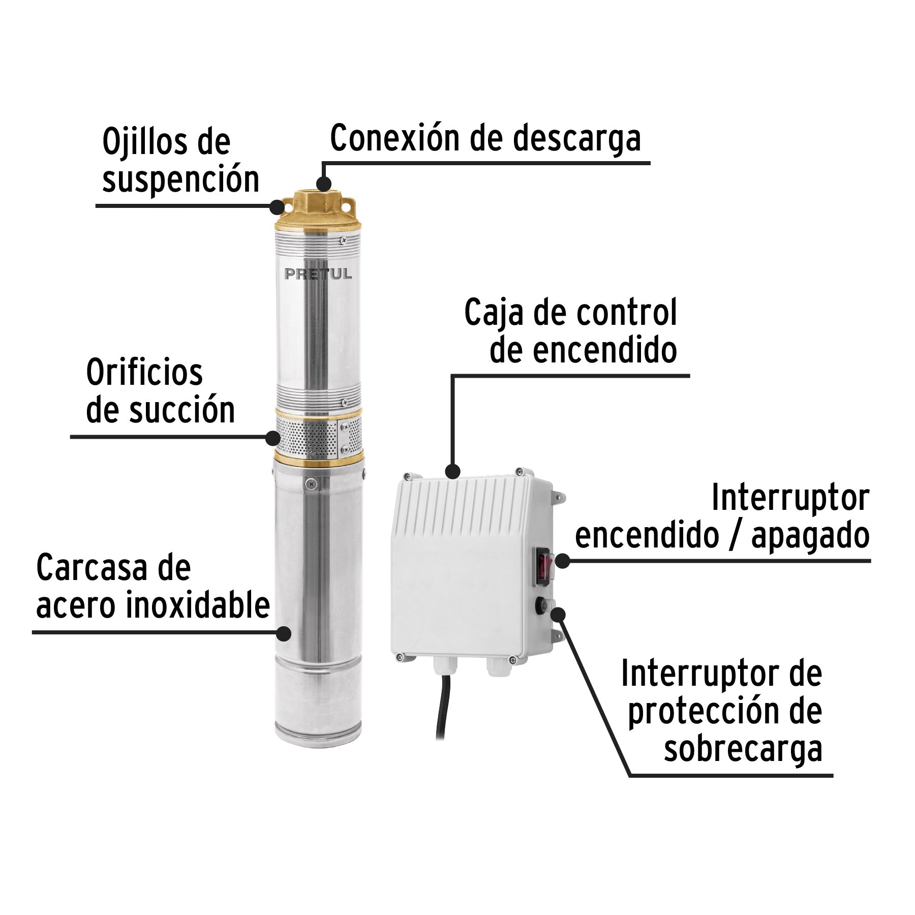 Bomba sumergible tipo bala 4", 1/2HP, uso agrícola, PRETUL